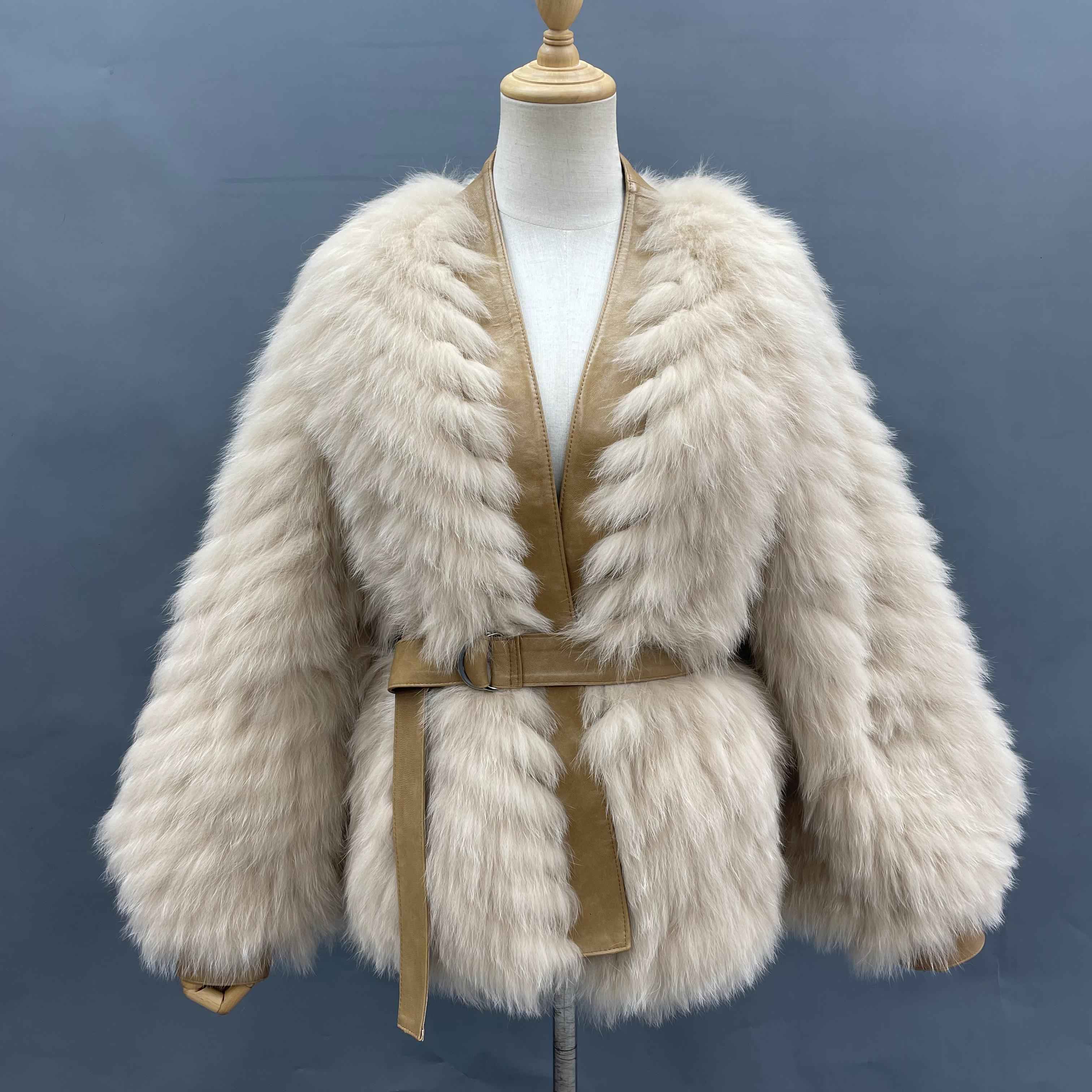 Women's Luxury Fox Fur Relaxed Fit Jacket - Chevron Stripe Design with Leather Belt Detail Winter Fashion Outerwear Beige