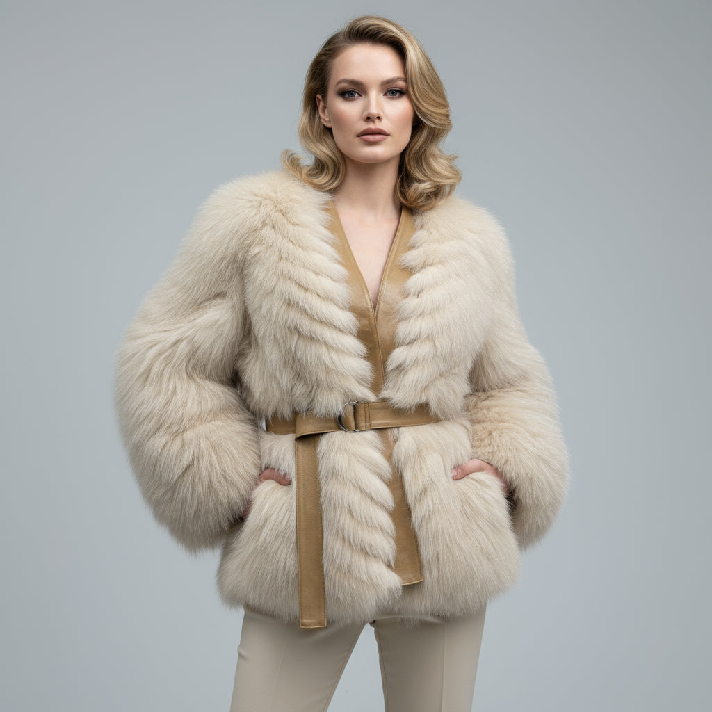 Women's Luxury Fox Fur Relaxed Fit Jacket - Chevron Stripe Design with Leather Belt Detail Winter Fashion Outerwear