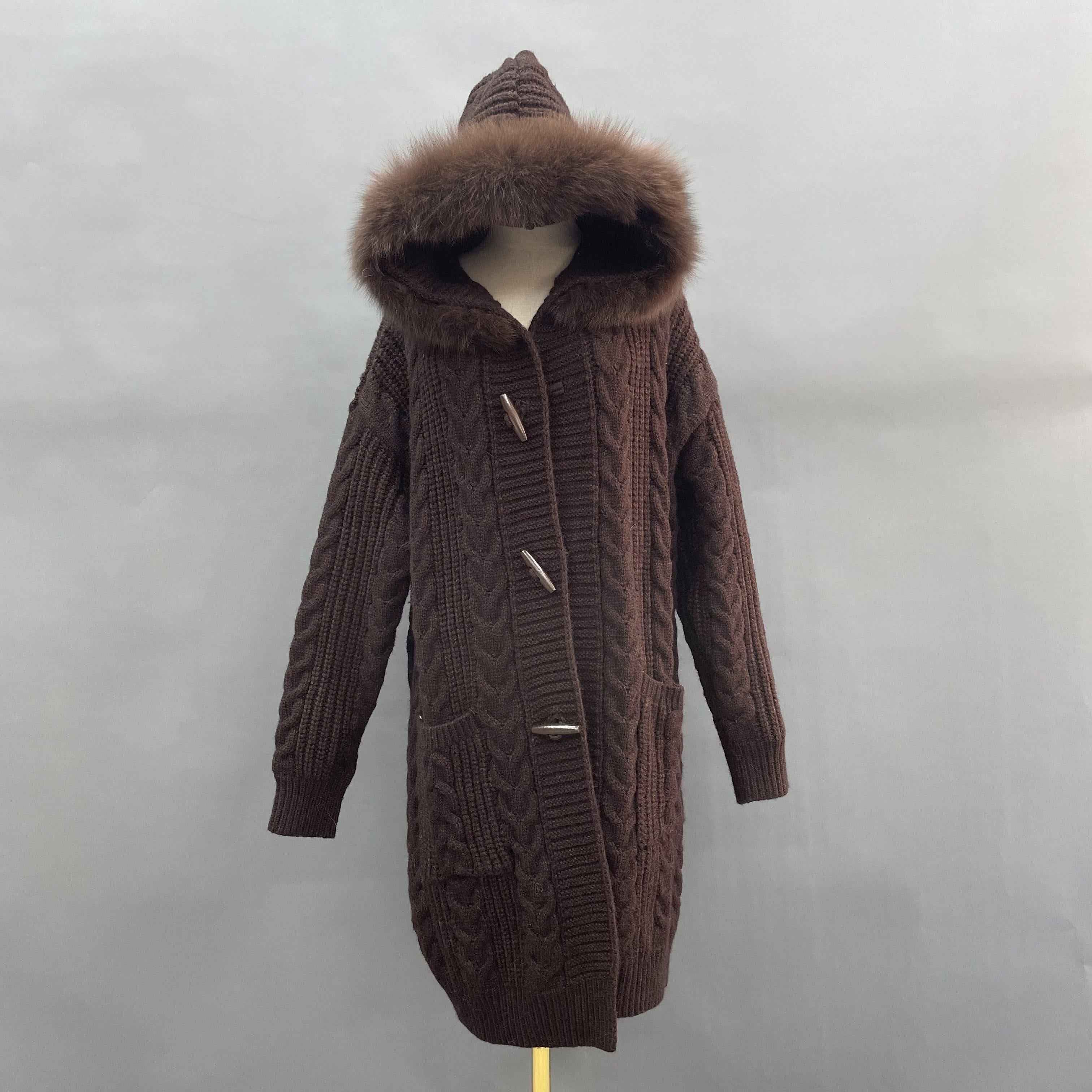 Women's Hooded Cable-Knit Cardigan with Toggle Buttons & Fur-Trimmed Hood - Cozy Winter Knitwear Brown F CUSTOMIZED THE FUR