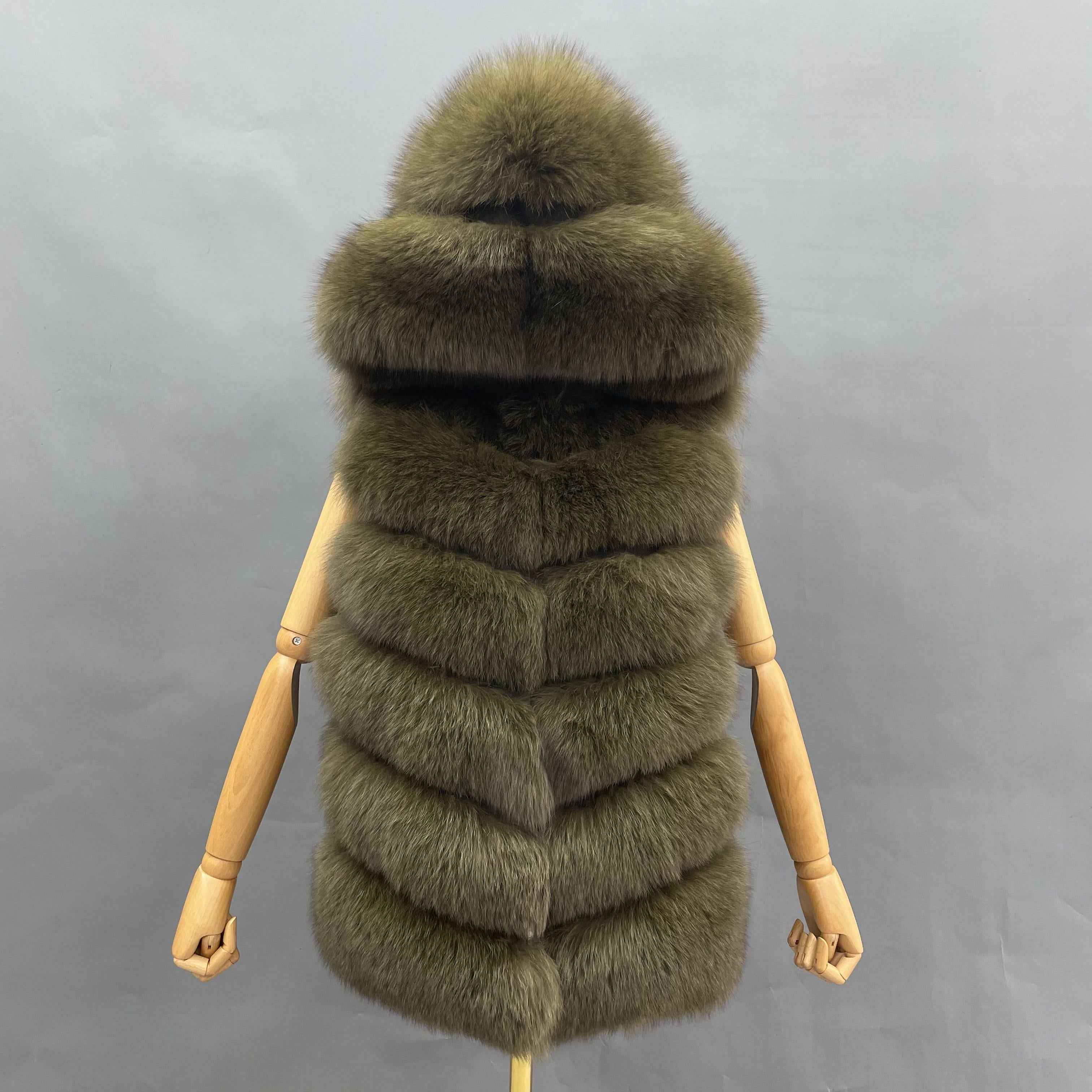 Women's 6-Panel Hooded Fox Fur Vest - Classic Versatile Winter Essential Outerwear Dark Green