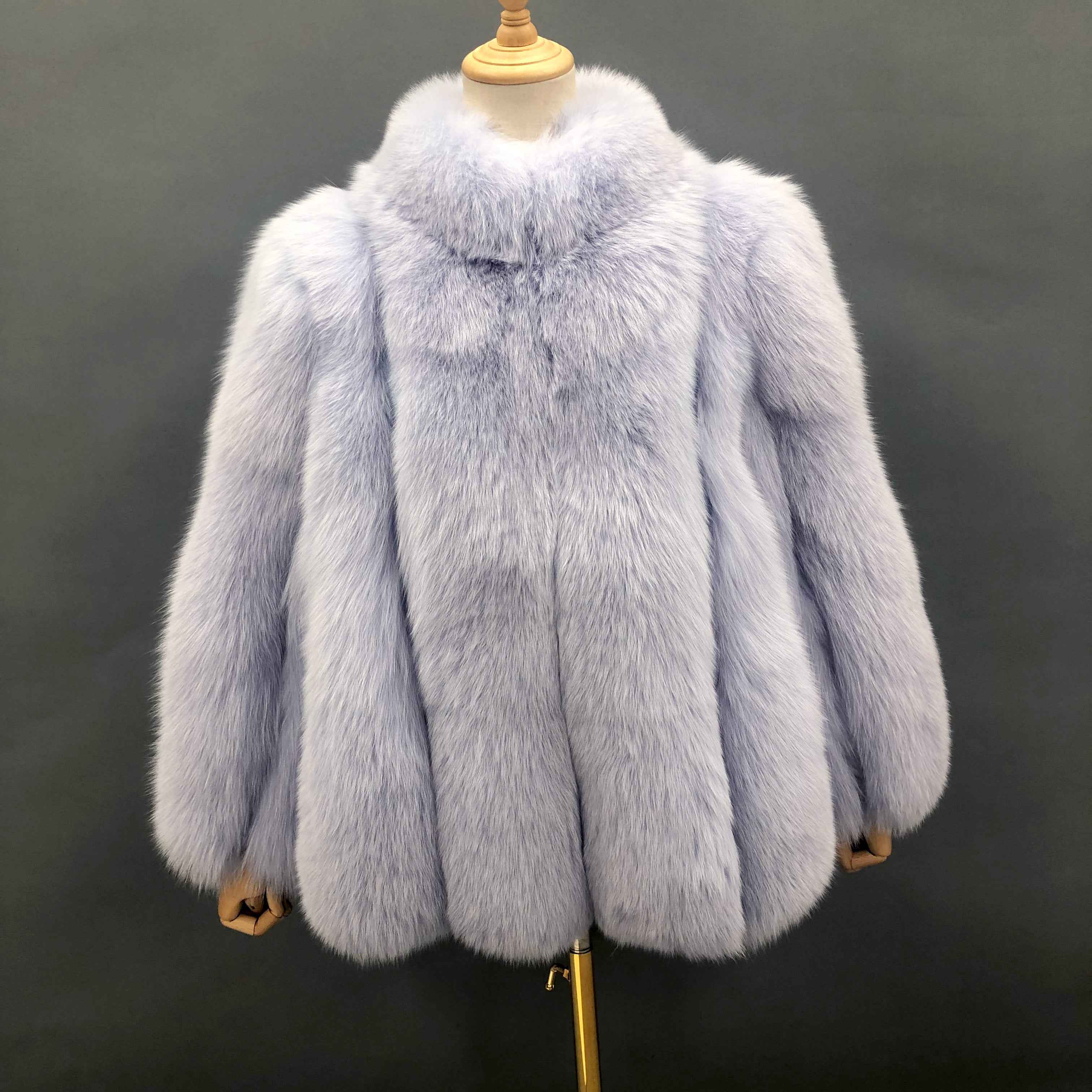 Women's Luxury Light Lavender Fox Fur Coat with Vertical Stripes & Stand Collar Light Purple Contact us to customize