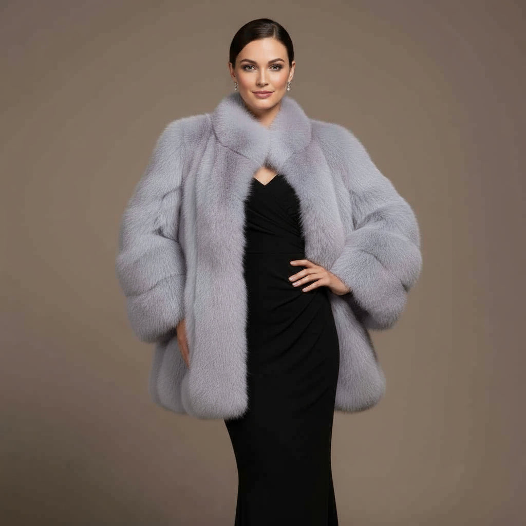 Women's Luxury Light Lavender Fox Fur Coat with Vertical Stripes & Stand Collar