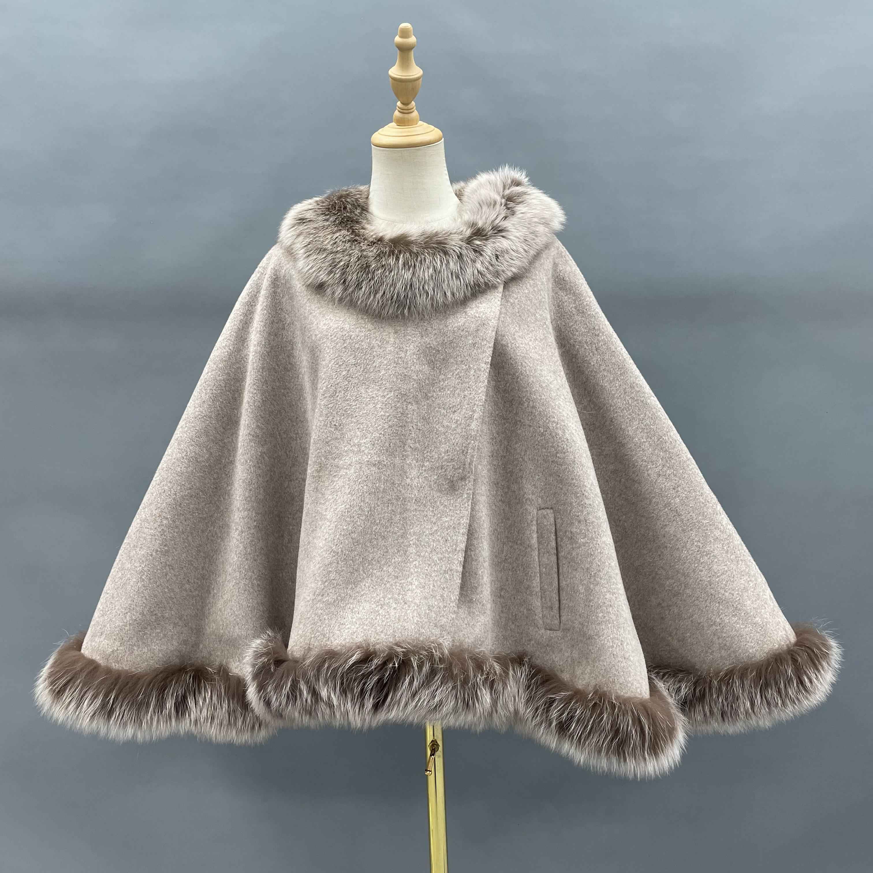 Women's French Designer Style Double-Faced Wool Cape with Fox Fur Trim at Hem - Elegant Luxury Winter Outerwear Grey F