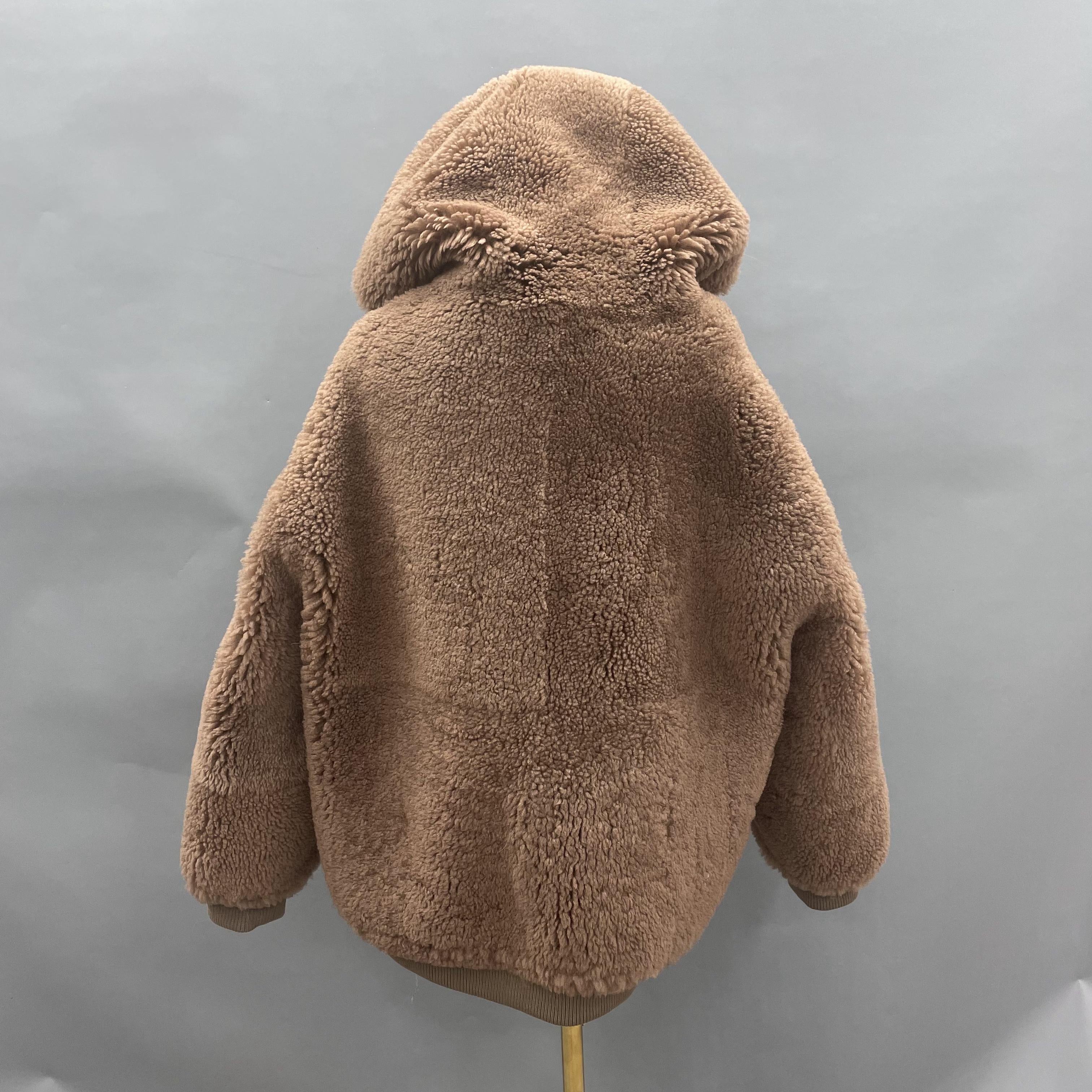 Women's Taupe Sheepskin Shearling Hooded Bomber Jacket - Casual Winter Outerwear