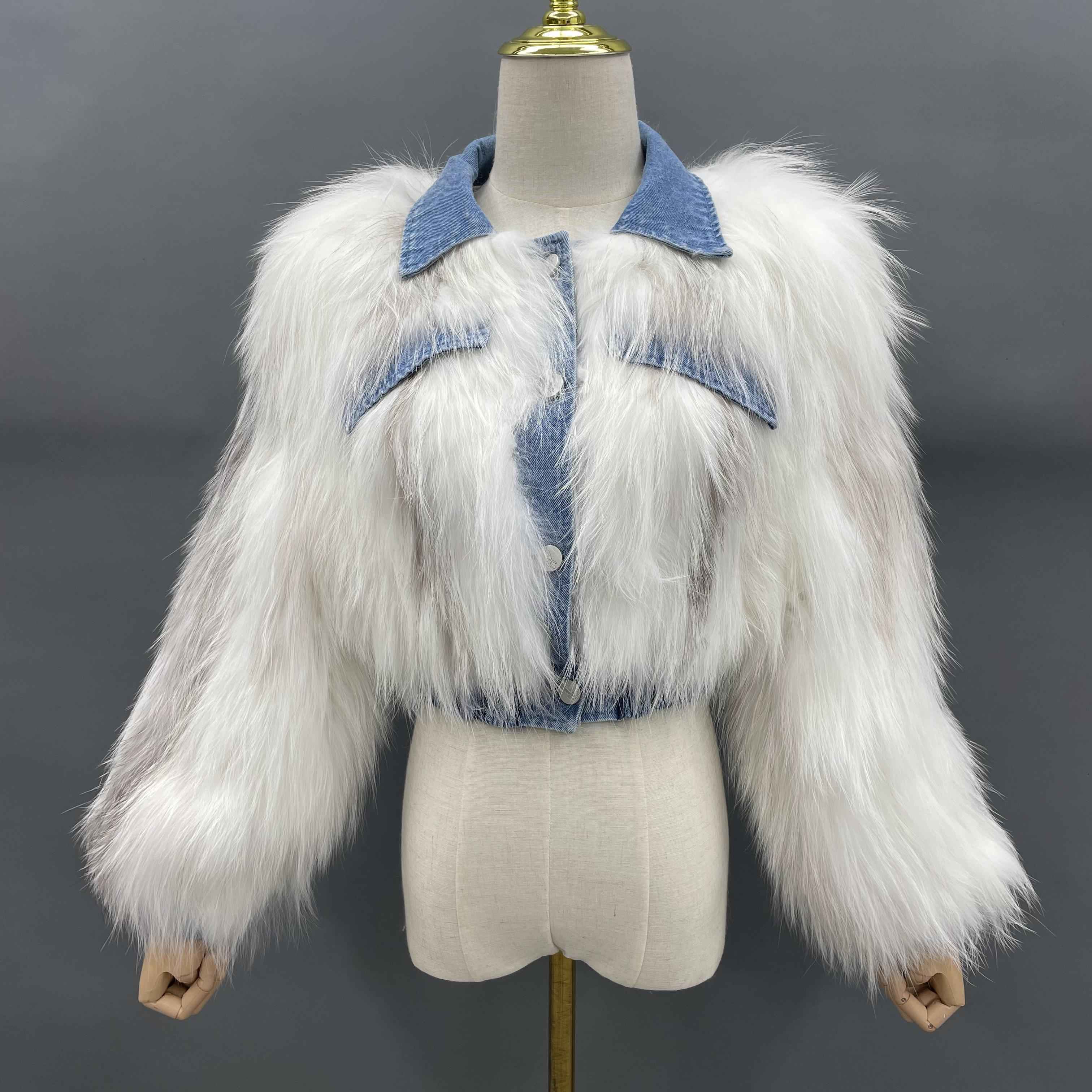 Women's Luxurious Knitted Raccoon Dog Fur Cropped Jacket with Denim Collar & Details - Edgy Winter Outerwear