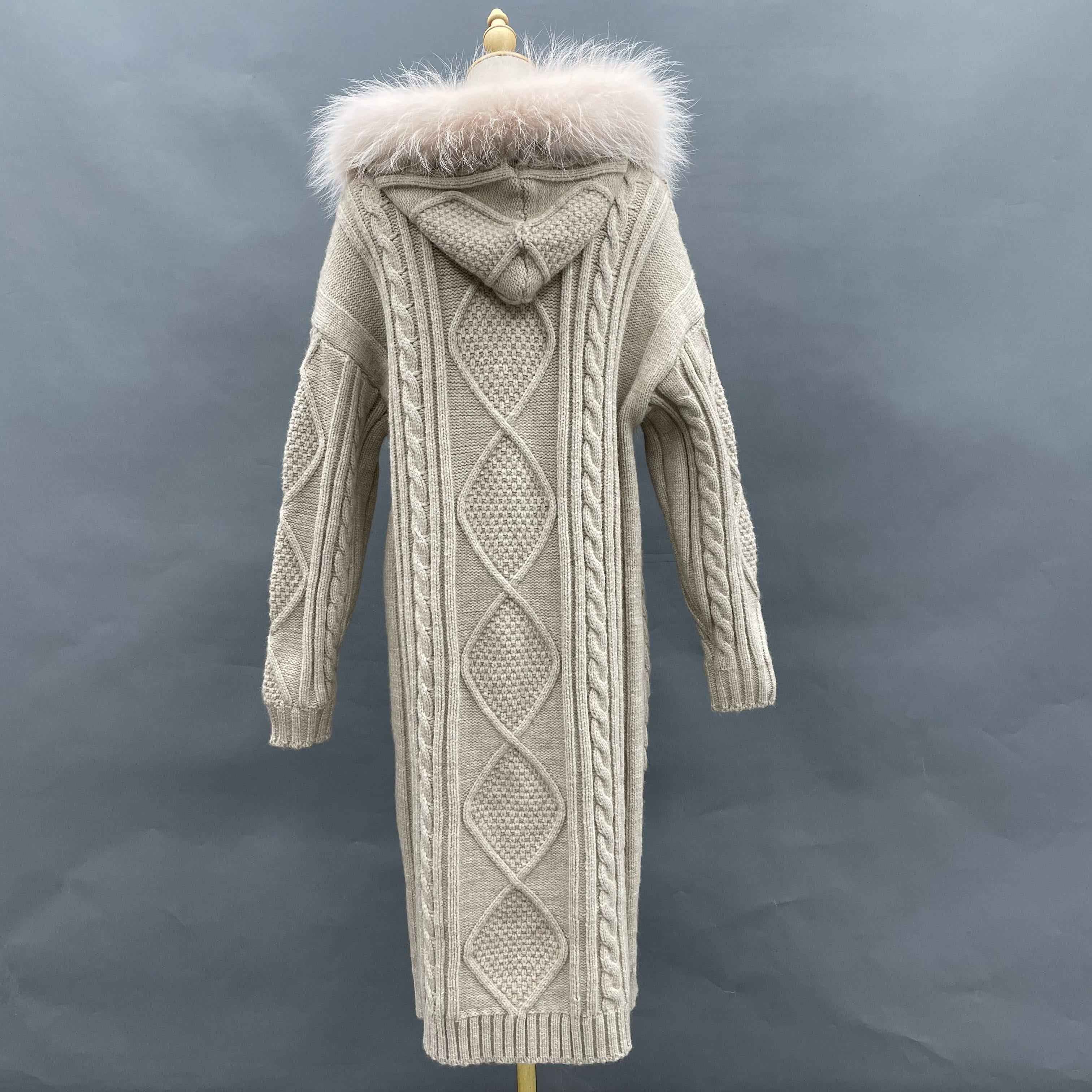 Women's Hooded Knitted Coat with Raccoon Fur-Trimmed Hood, Oversized Buttons & Cable-Knit Pattern - Cozy Winter Outerwear