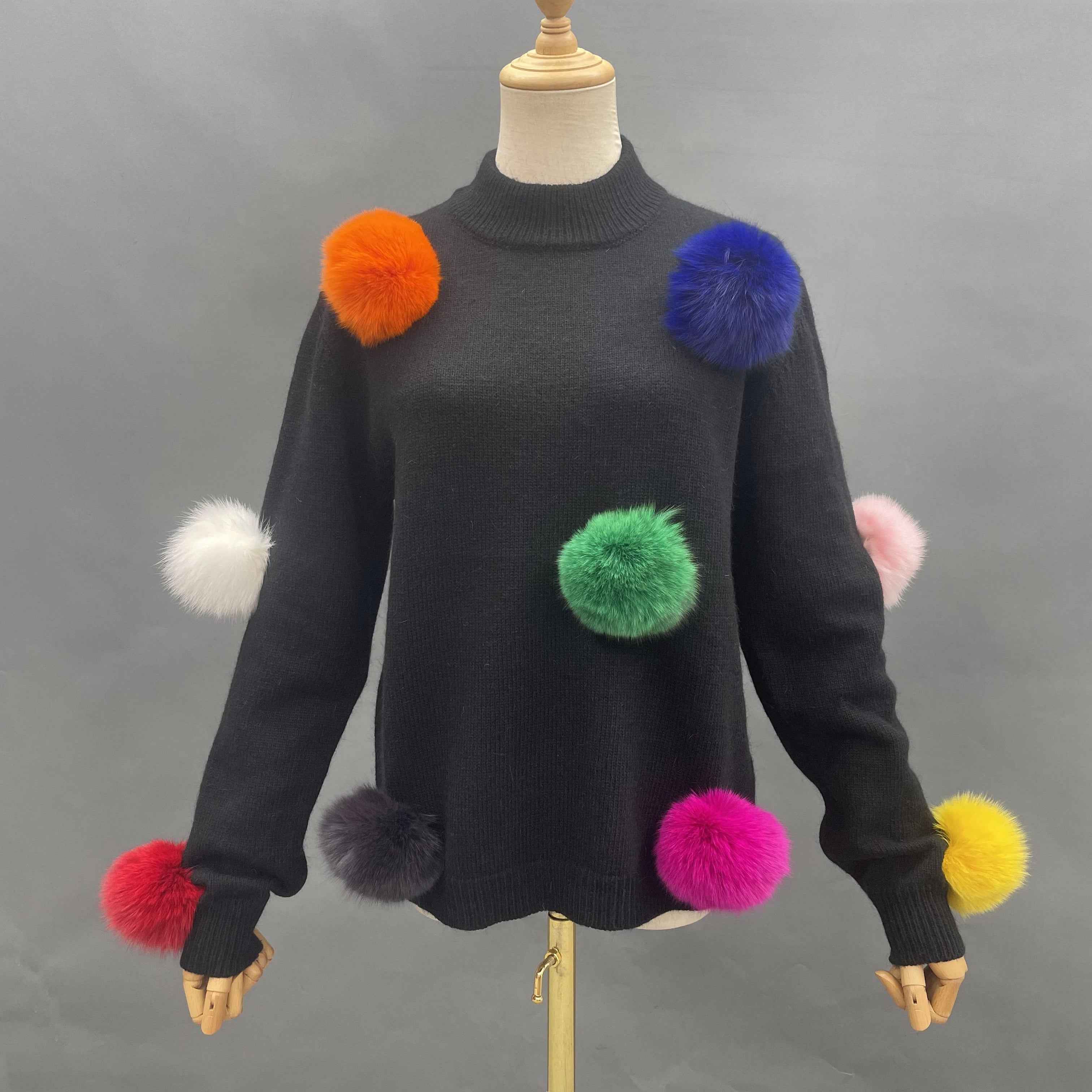 Women's Detachable Colorful Fur Pom-Pom Knitted Sweater - Versatile Casual Fashion Piece Black