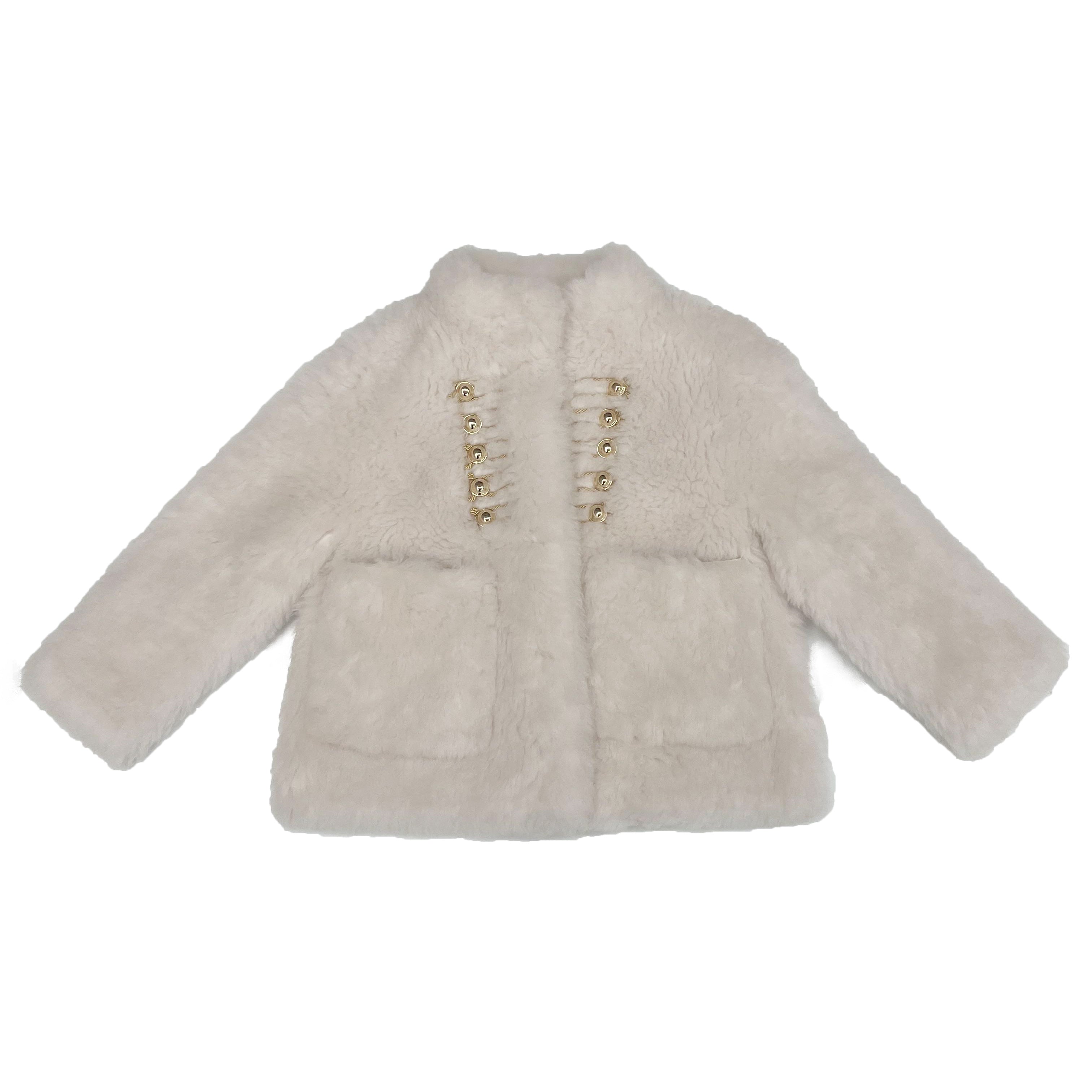 Women's White Sheepskin Shearling Jacket with Golden Frog Buttons & Large Pockets - Luxe Winter Outerwear