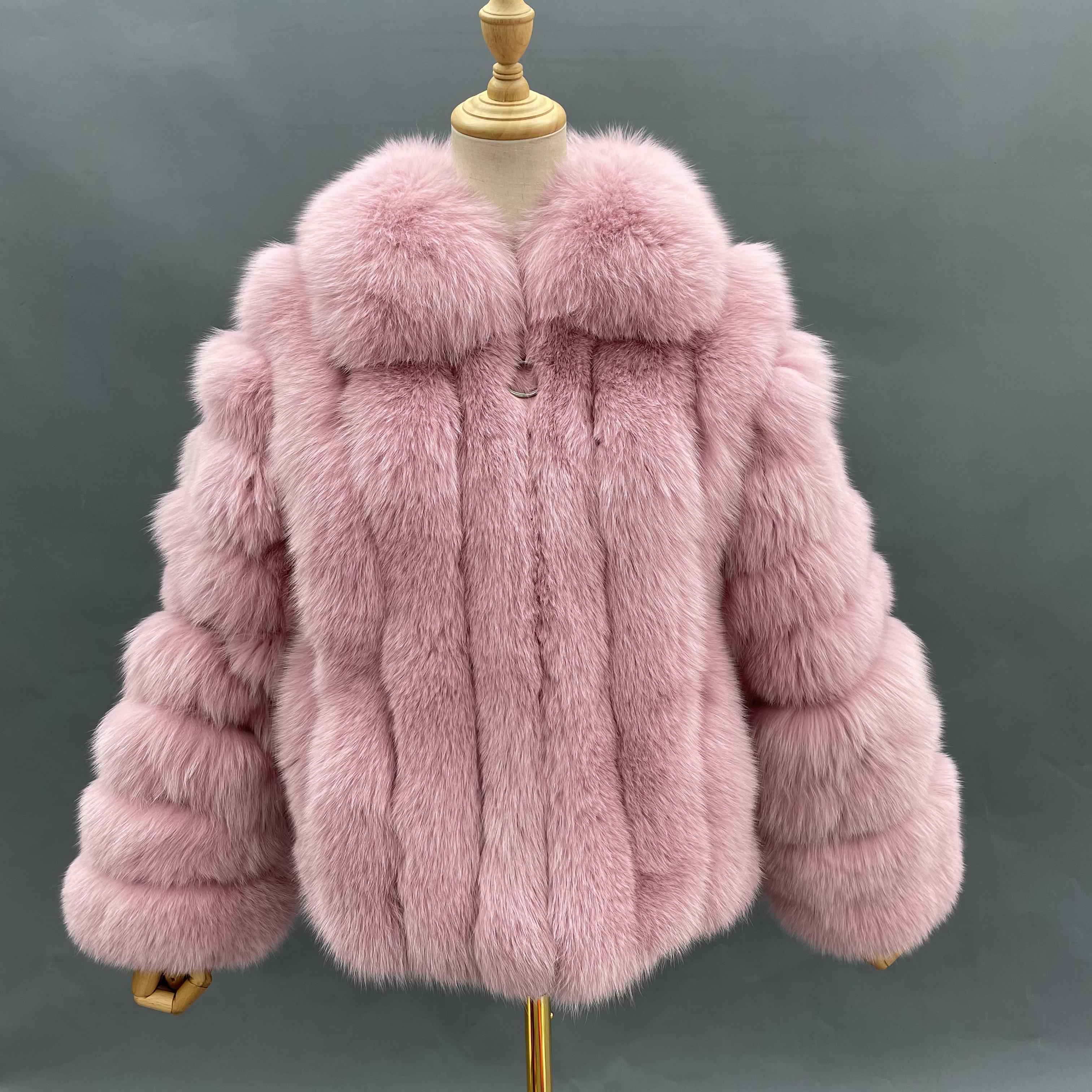 Women's Premium Plush Fox Fur Jacket - Notched Lapel with Vertical Stripe Design Winter Statement Outerwear Pink