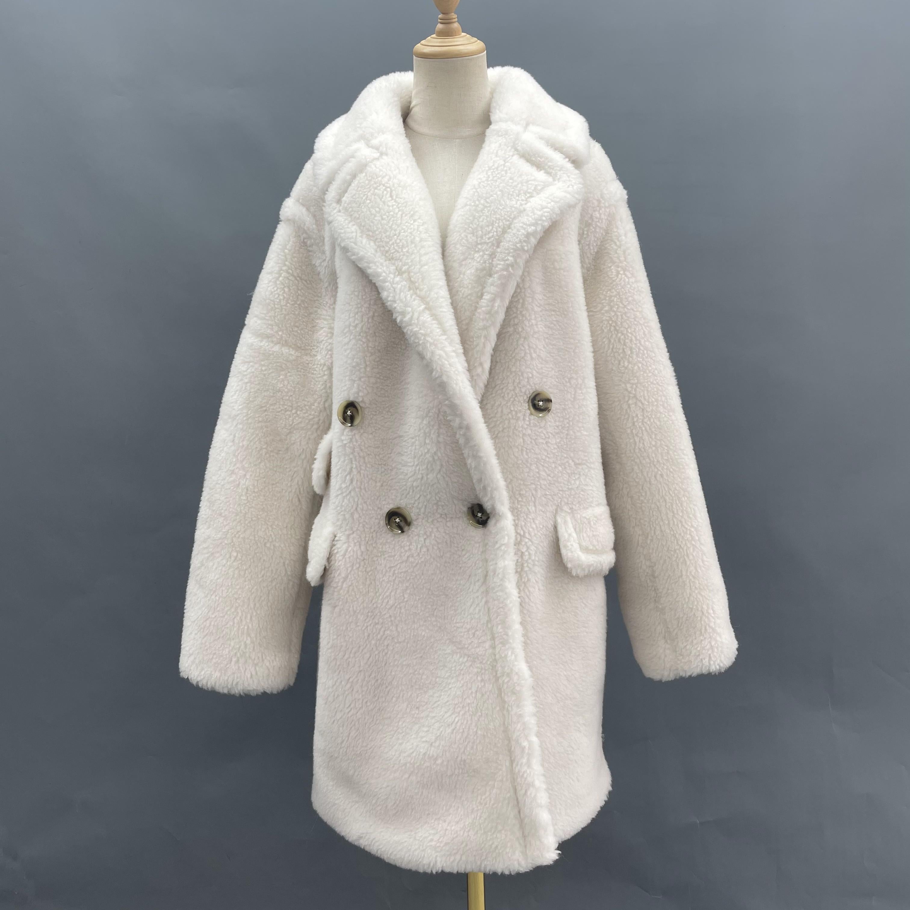 Women's Lime Green Sheepskin Shearling Coat with Asymmetric Pocket Flaps, Double-Breasted Notched Lapel - Luxe Winter Outerwear
