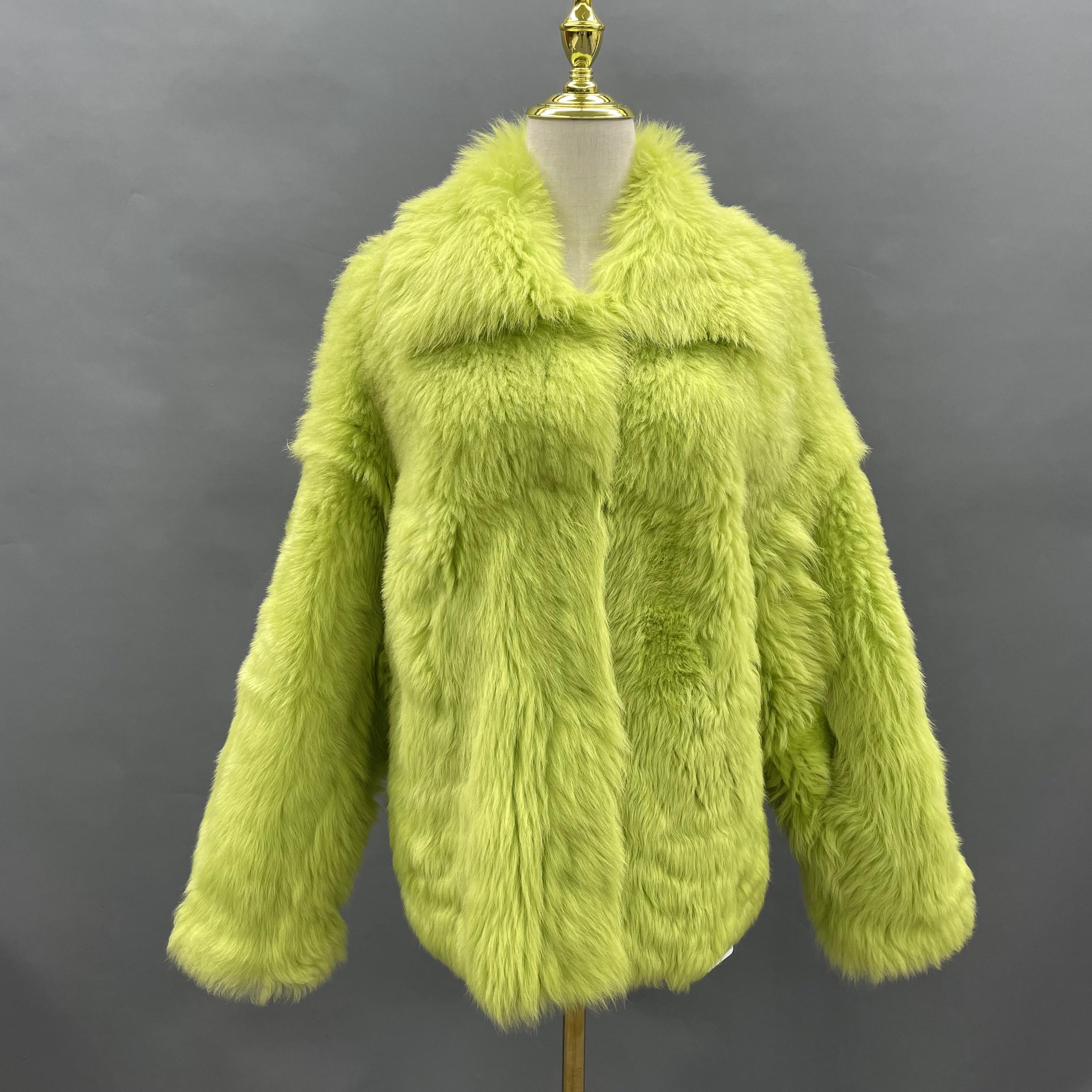 Women's Lime Green Toscana Shearling Jacket with Notched Lapel, Toggle Closure - Winter Warmth & Bold Statement Outerwear