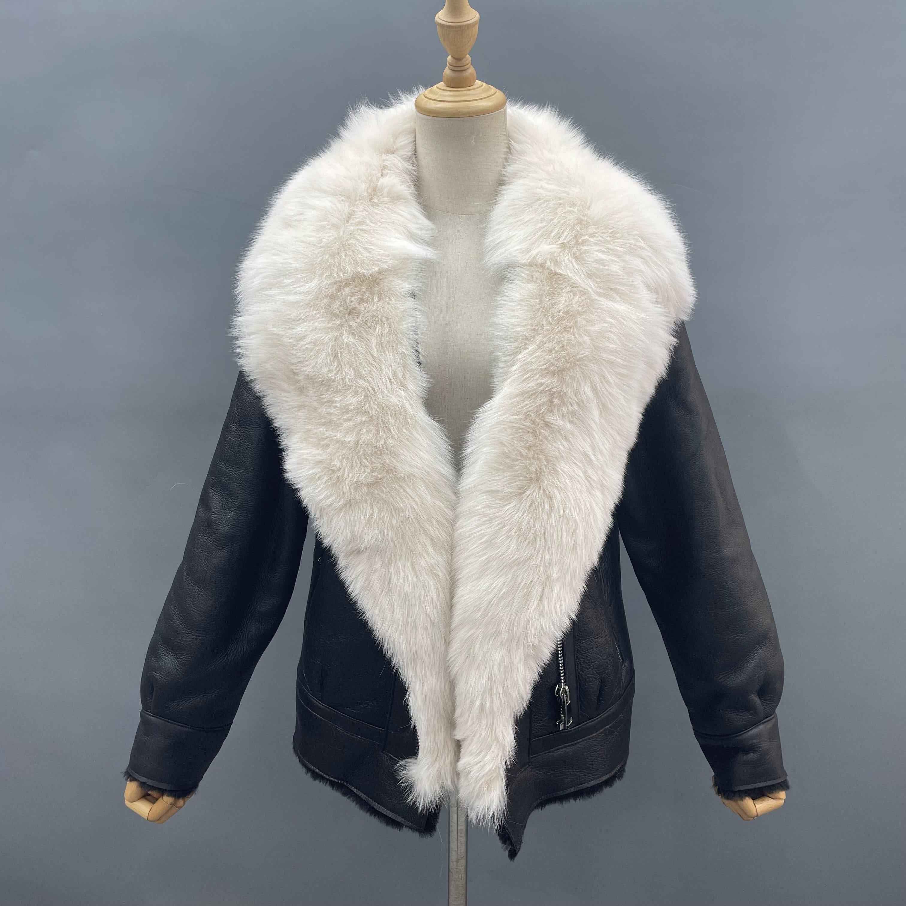 Women's Latest Style Shearling Jacket with Oversized Notched Lapel & Fur Placket - Luxe Fashion Outerwear