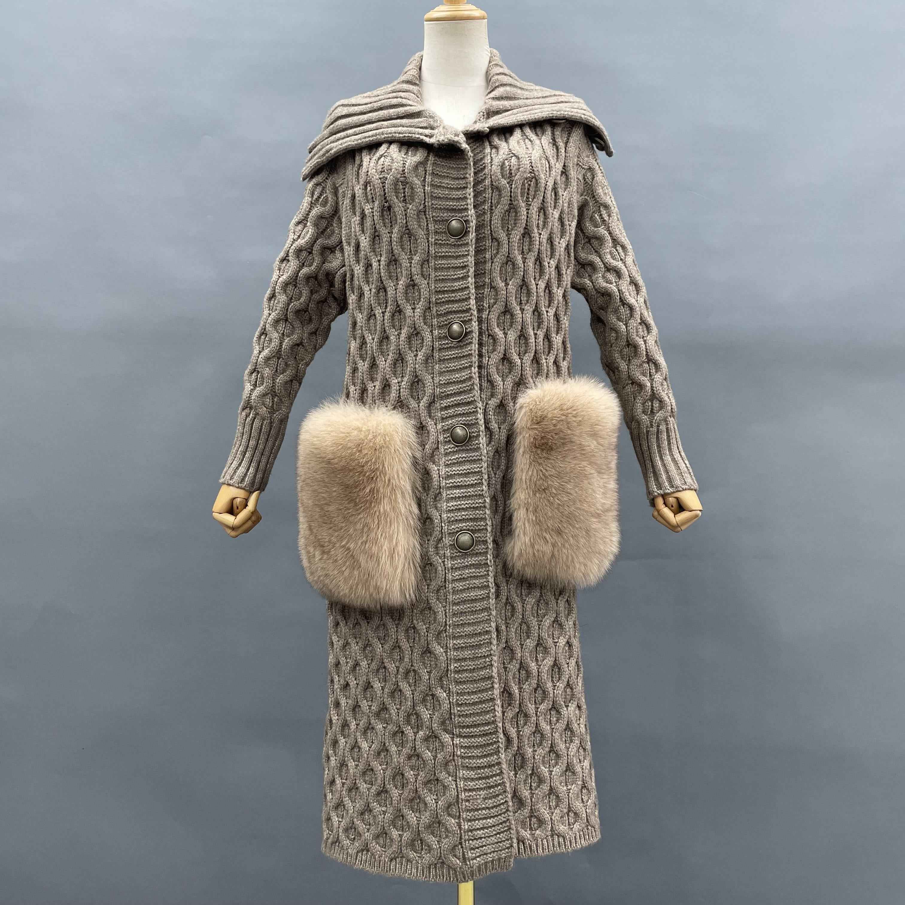 Women's Oversized Shawl Collar Knee-Length Knitted Coat with Fur-Trimmed Pockets - Luxe Winter Outerwear Brown F-CHEST 104
