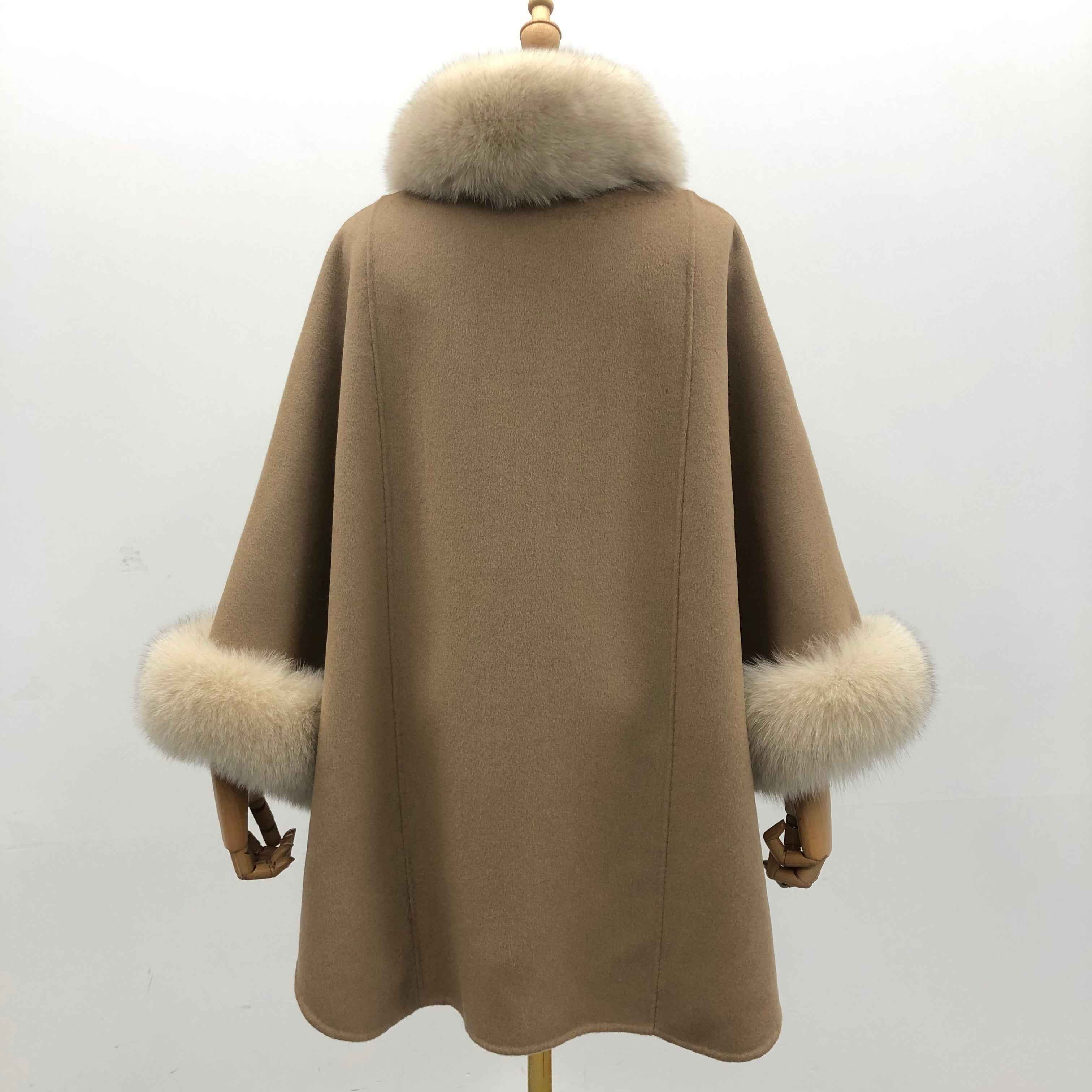 Women's Luxury Double - Faced Wool Cape with Removable Faux Fur Collar and Cuffs, Elegant Winter Outerwear