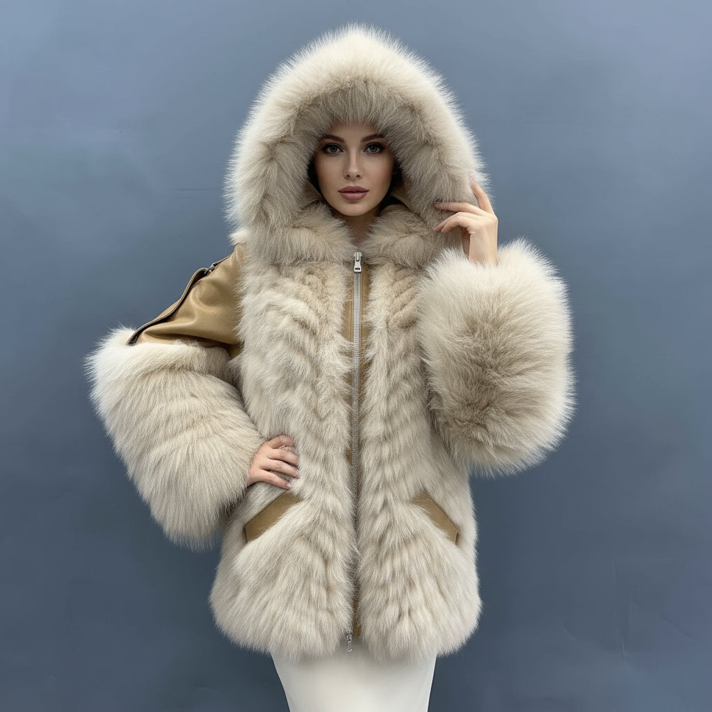 Women's Luxury Fox Fur Hooded Jacket - Leather Patchwork & Zipper Closure Relaxed Fit Winter Fashion Outerwear Beige F