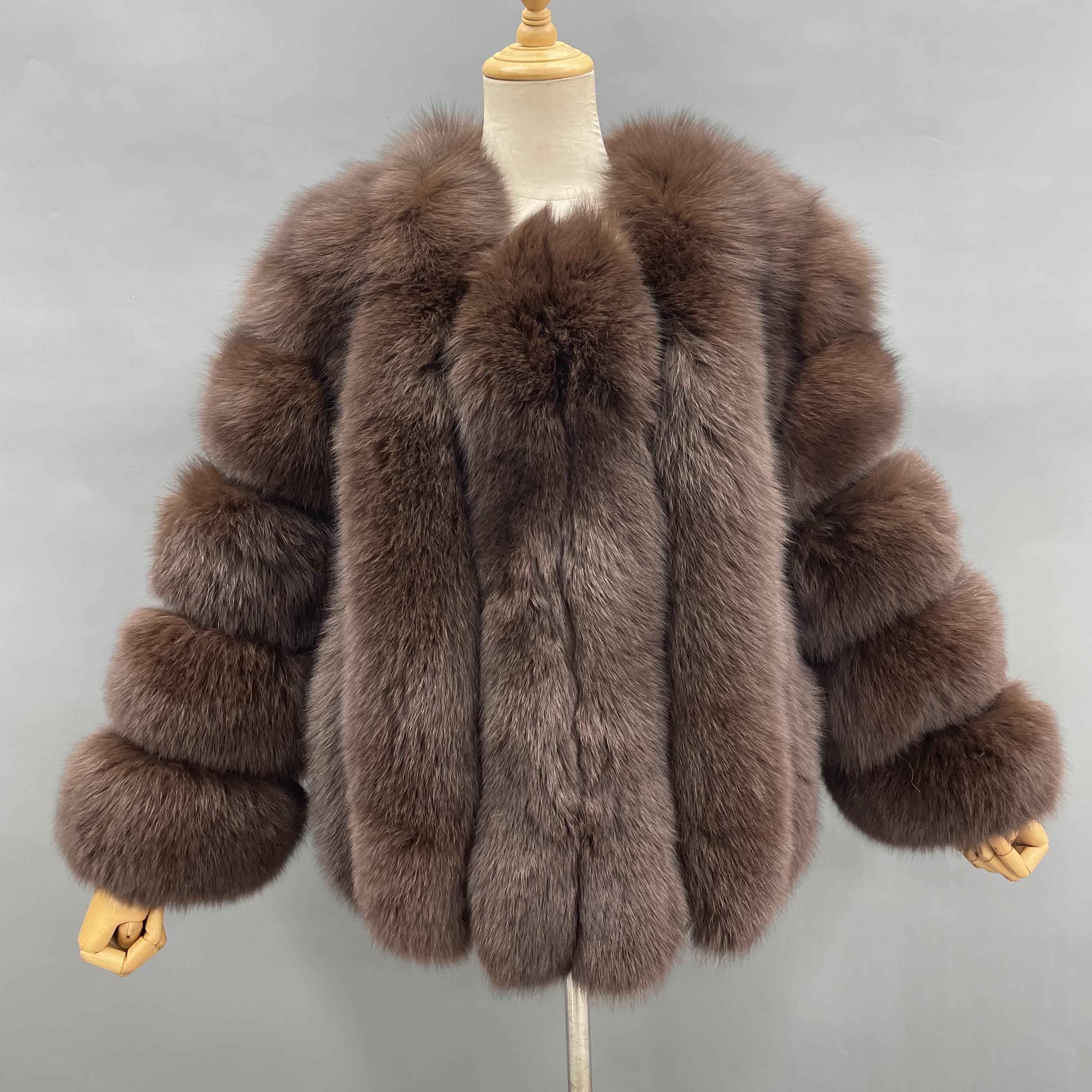 Women's Premium Fluffy Fox Fur Short Coat with Layered Sleeves - Winter Chic Warm Jacket Brown