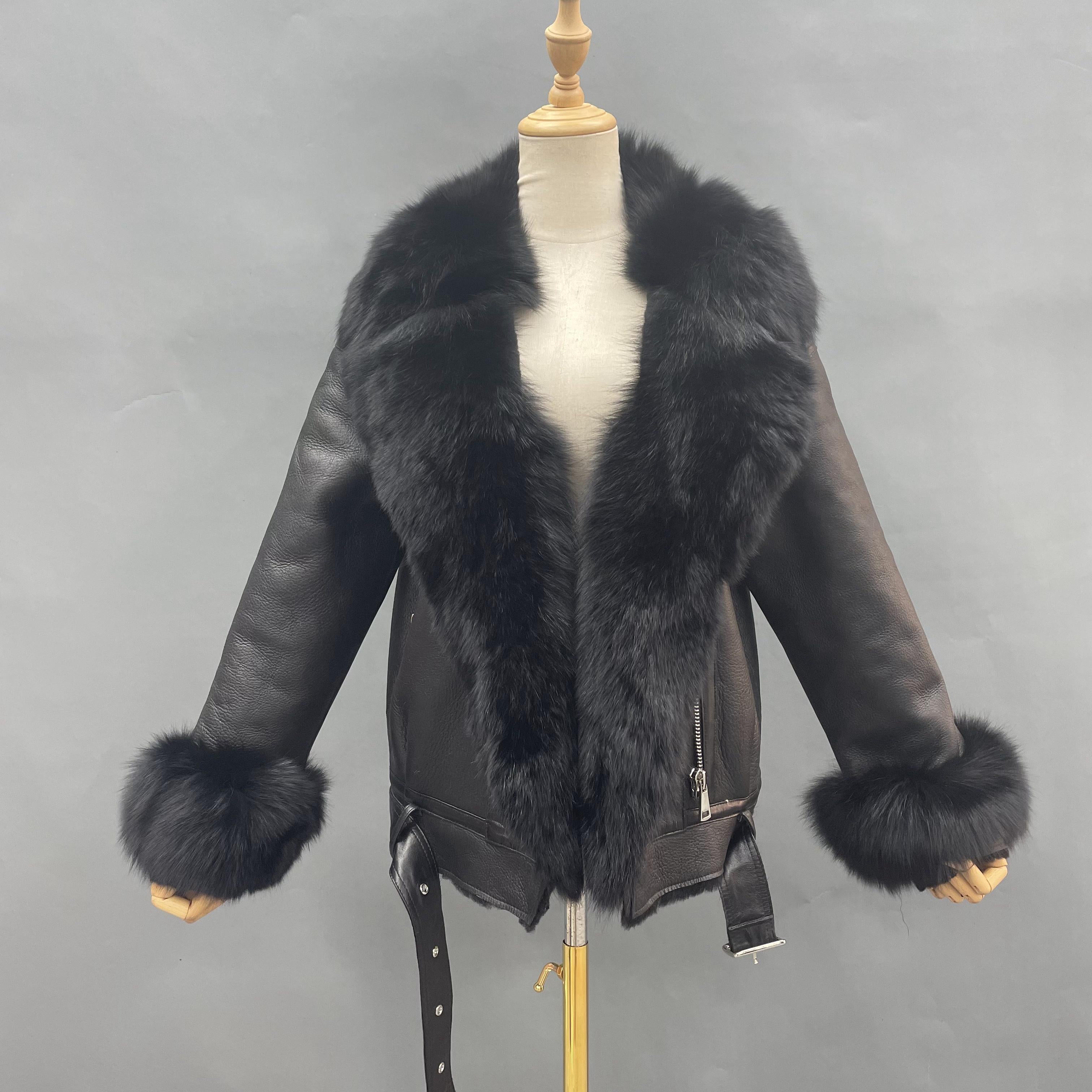 Women's Short Biker-Style Shearling Jacket with Fox Fur Collar & Cuffs, Asymmetric Zipper - Luxe Winter Outerwear