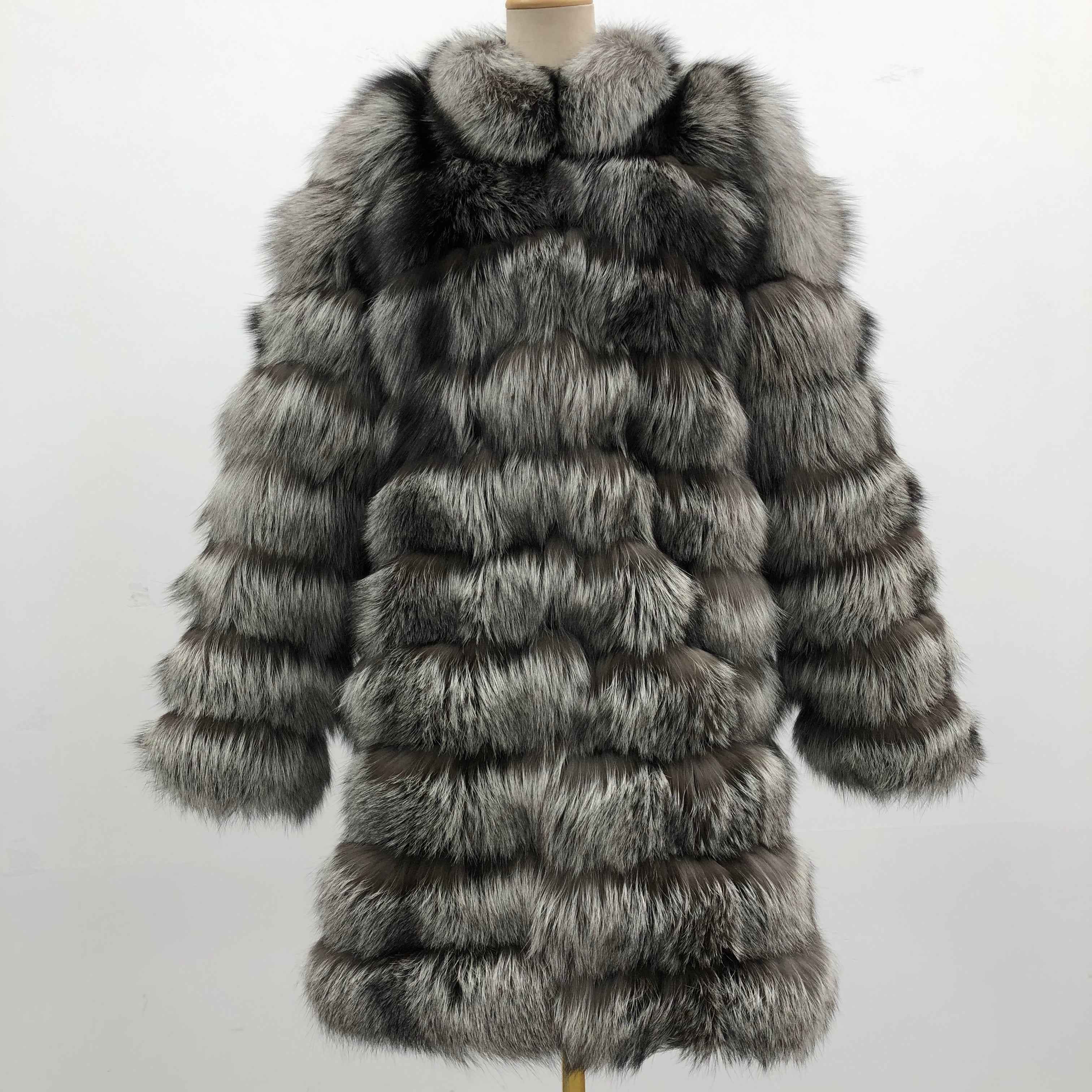 Vintage 10 - Panel Horizontal Stripe Stand Collar Fox Fur Coat - Winter Warm Outerwear Gray