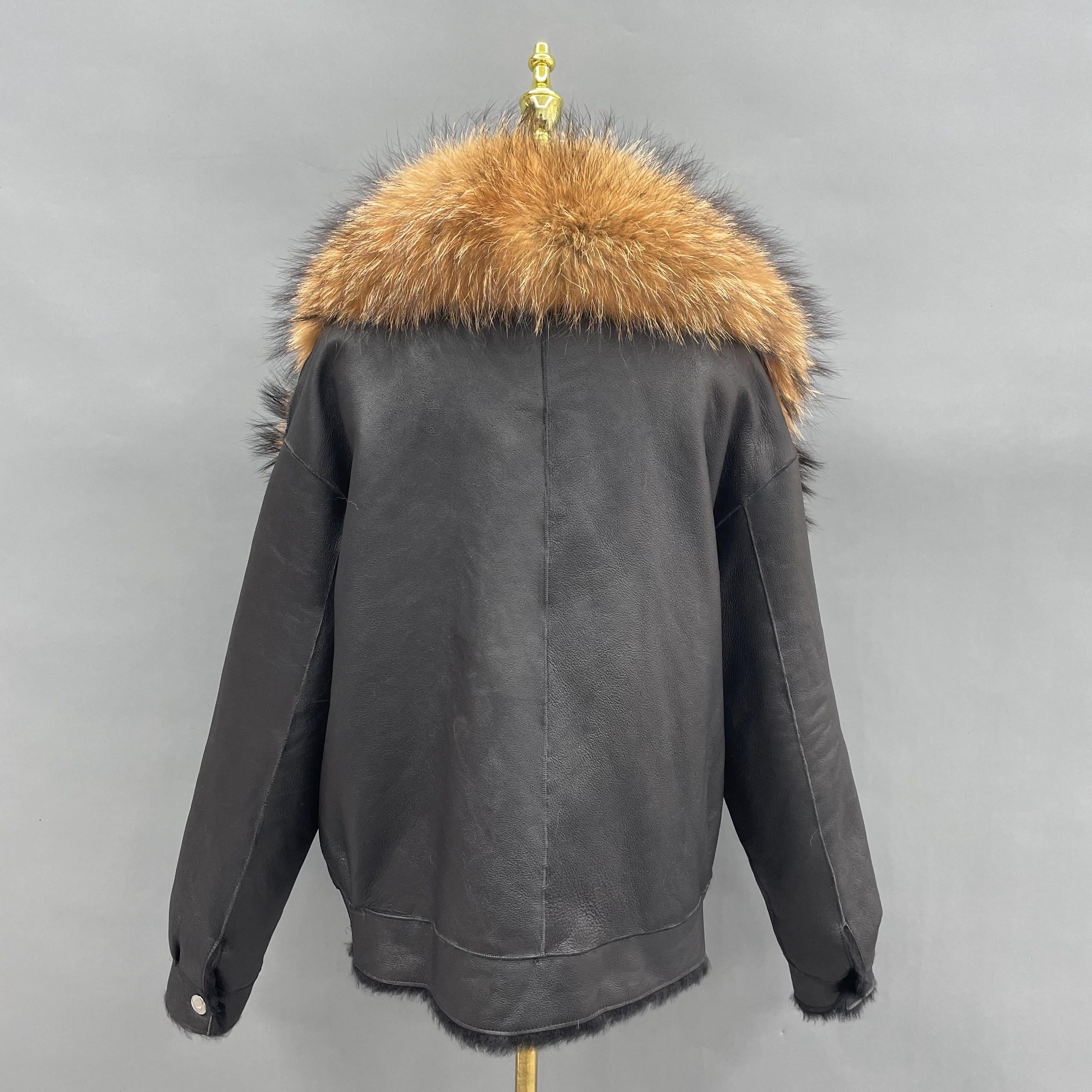 Women's Windproof Shearling Leather Jacket with Oversized Fox Fur Collar - Luxe Winter Outerwear