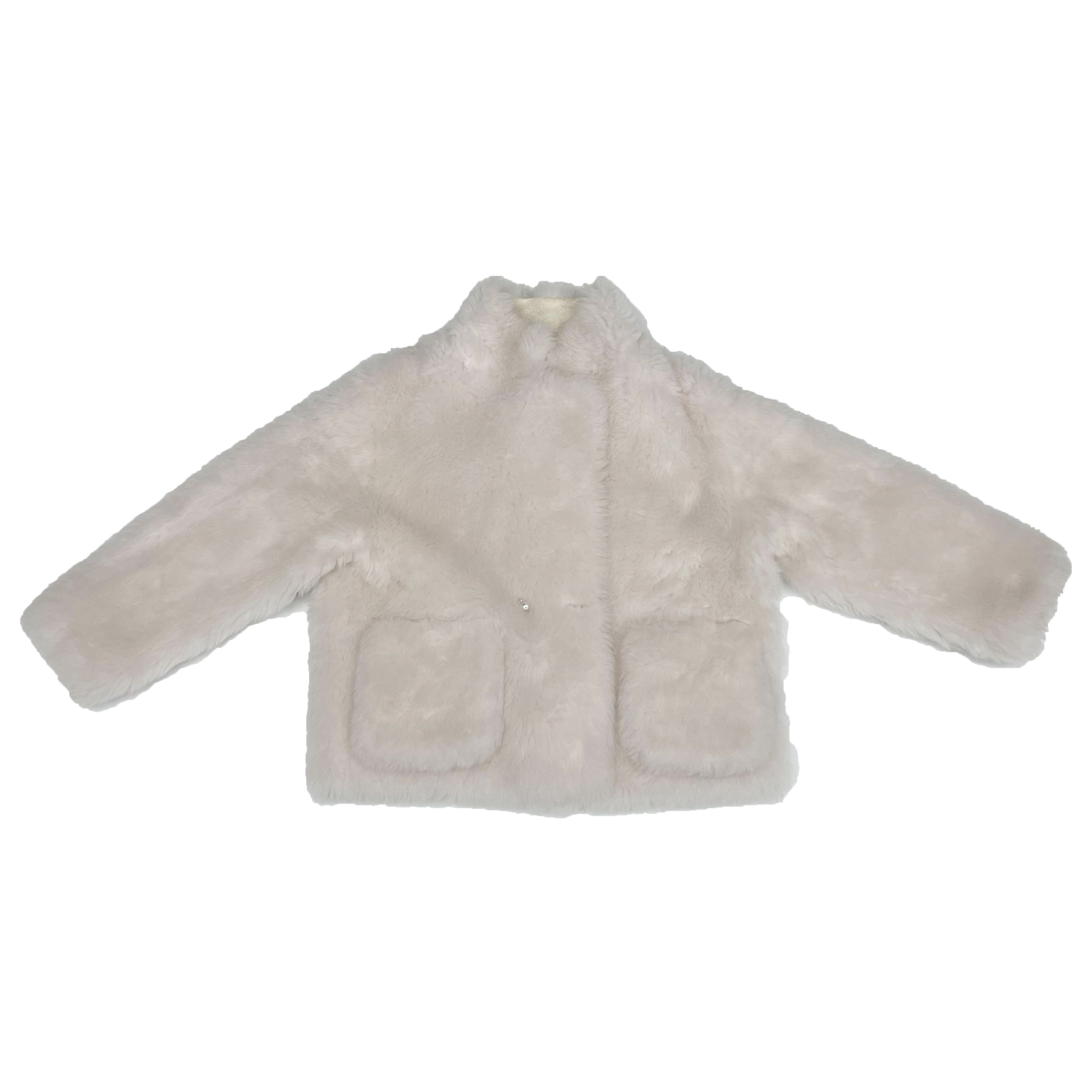 Women's White Sheepskin Shearling Jacket with Pearl Buttons & Stand Collar - Luxe Winter Outerwear