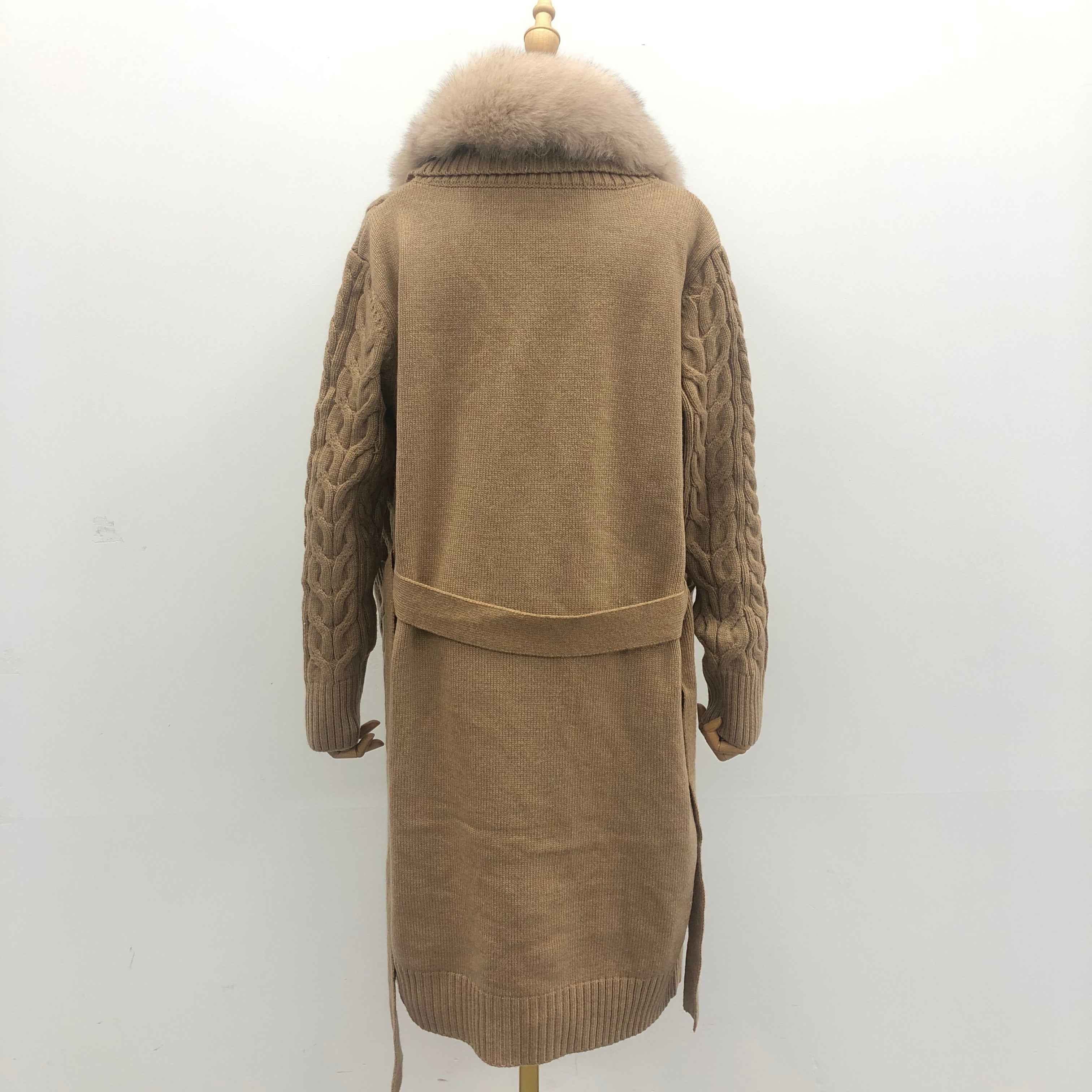 Women's Shawl Collar Knitted Coat with Fox Fur Collar & Self-Tie Belt - Luxe Winter Outerwear