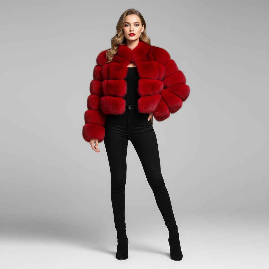 Women's Luxury Cropped Fox Fur Jacket - Layered Stand Collar Winter Fashion Statement Outerwear