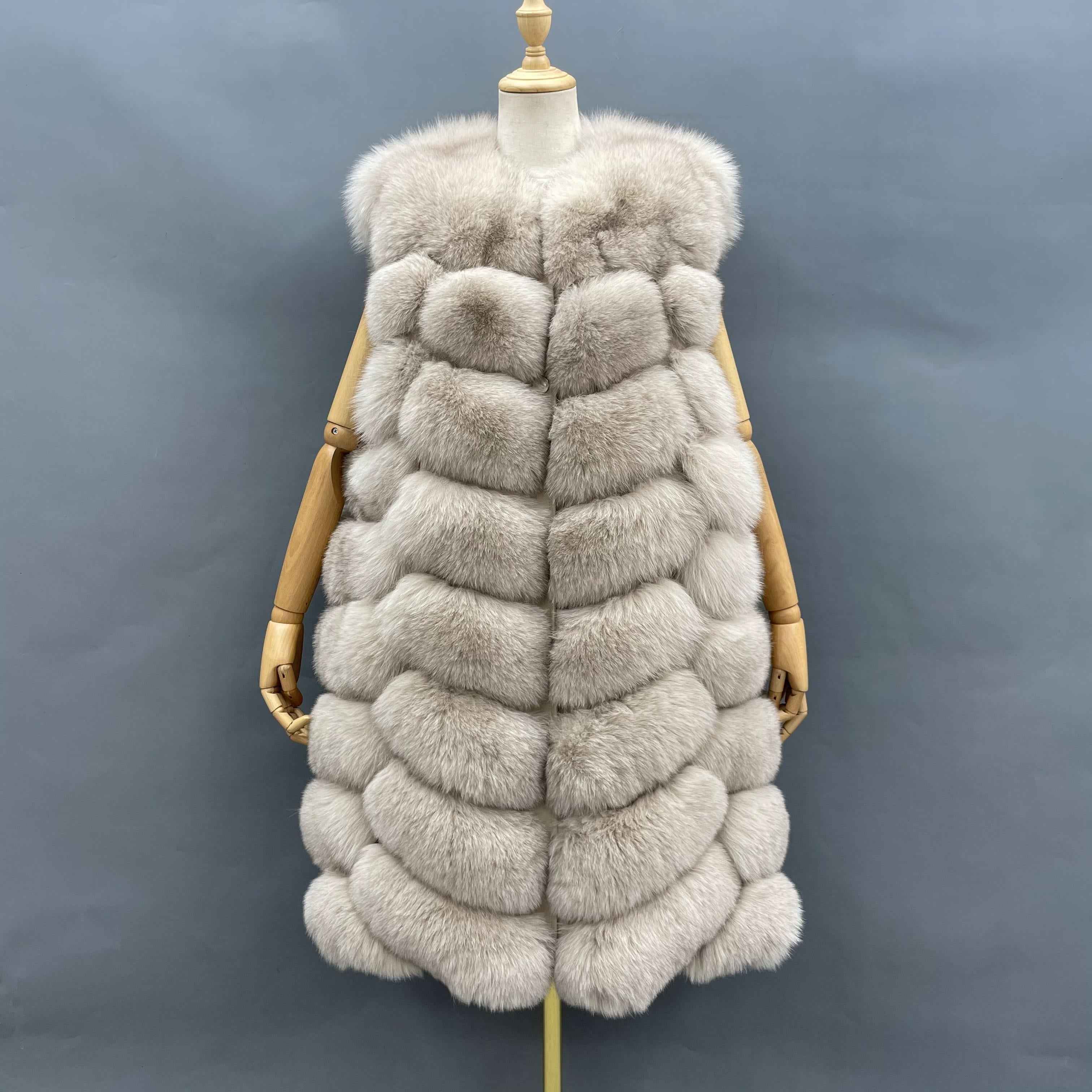 Women's 8-Panel Hooded Fox Fur Long Vest - Super Warm Luxury Winter Essential Outerwear White