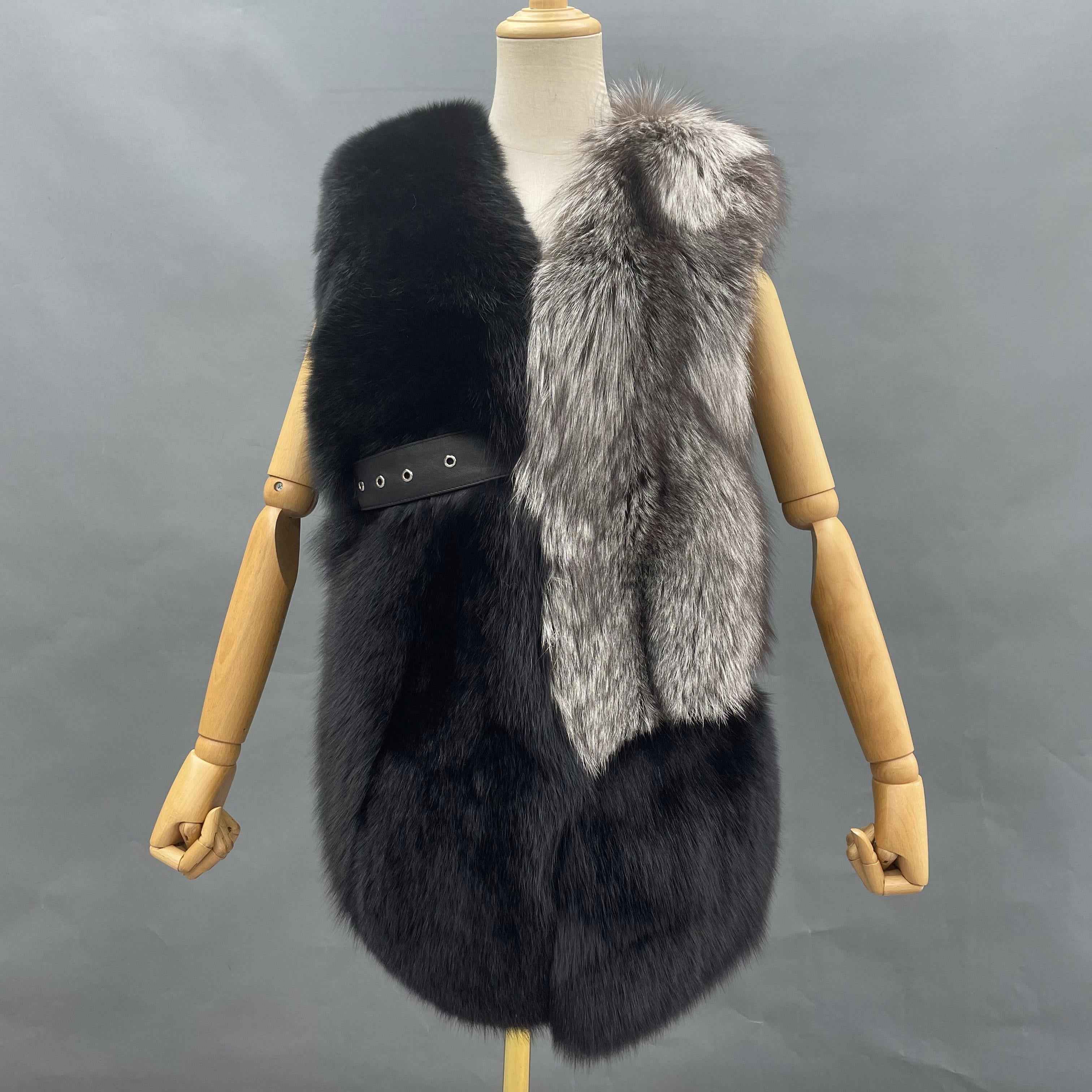 Women's Designer Color-Block Fox Fur Vest with Leather Loop Detail - Edgy Fashion Statement Outerwear Sliver