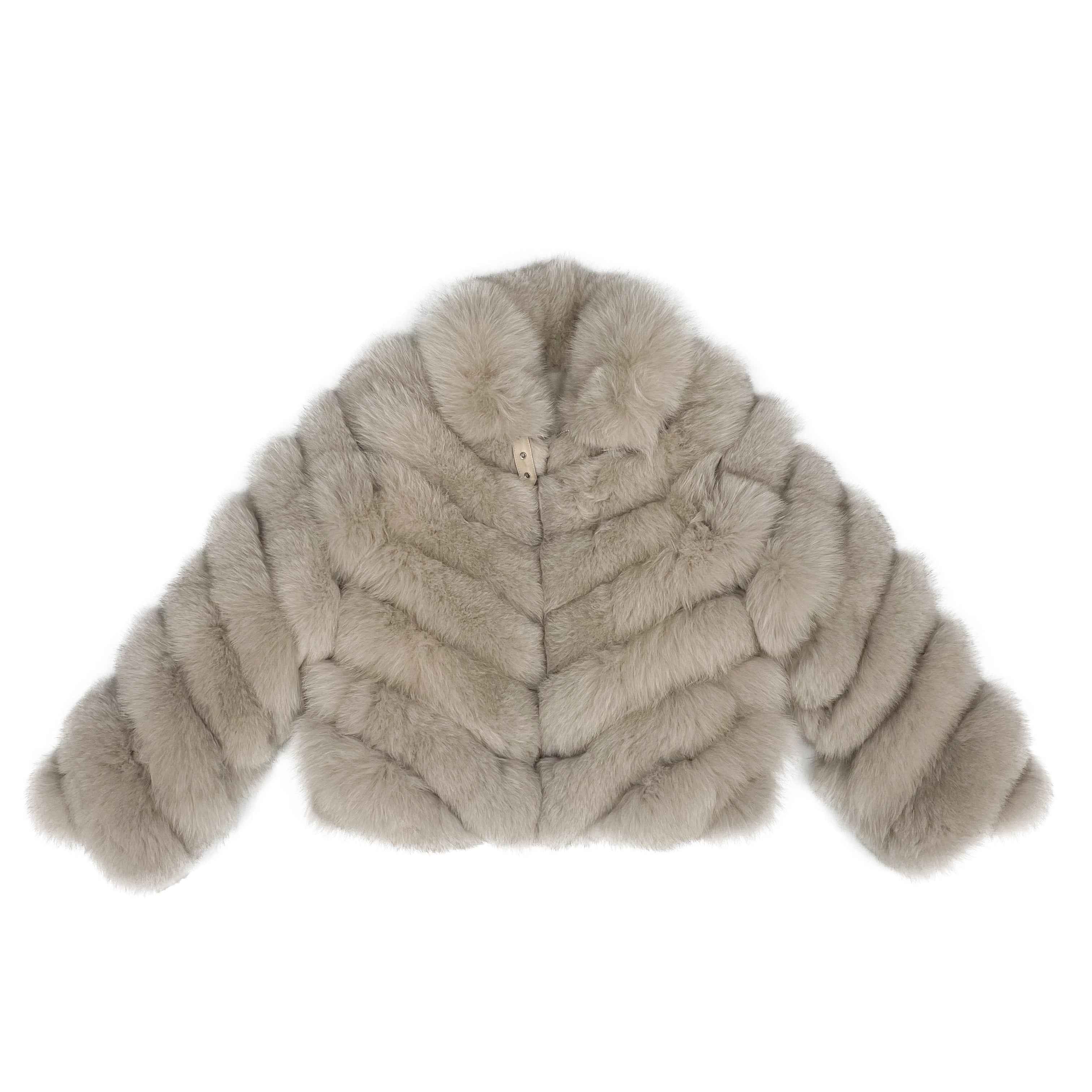 Women's Luxury Fox Fur Cropped Jacket - Chevron Stripe Notched Lapel Zipper Daily Wear Winter Outerwear