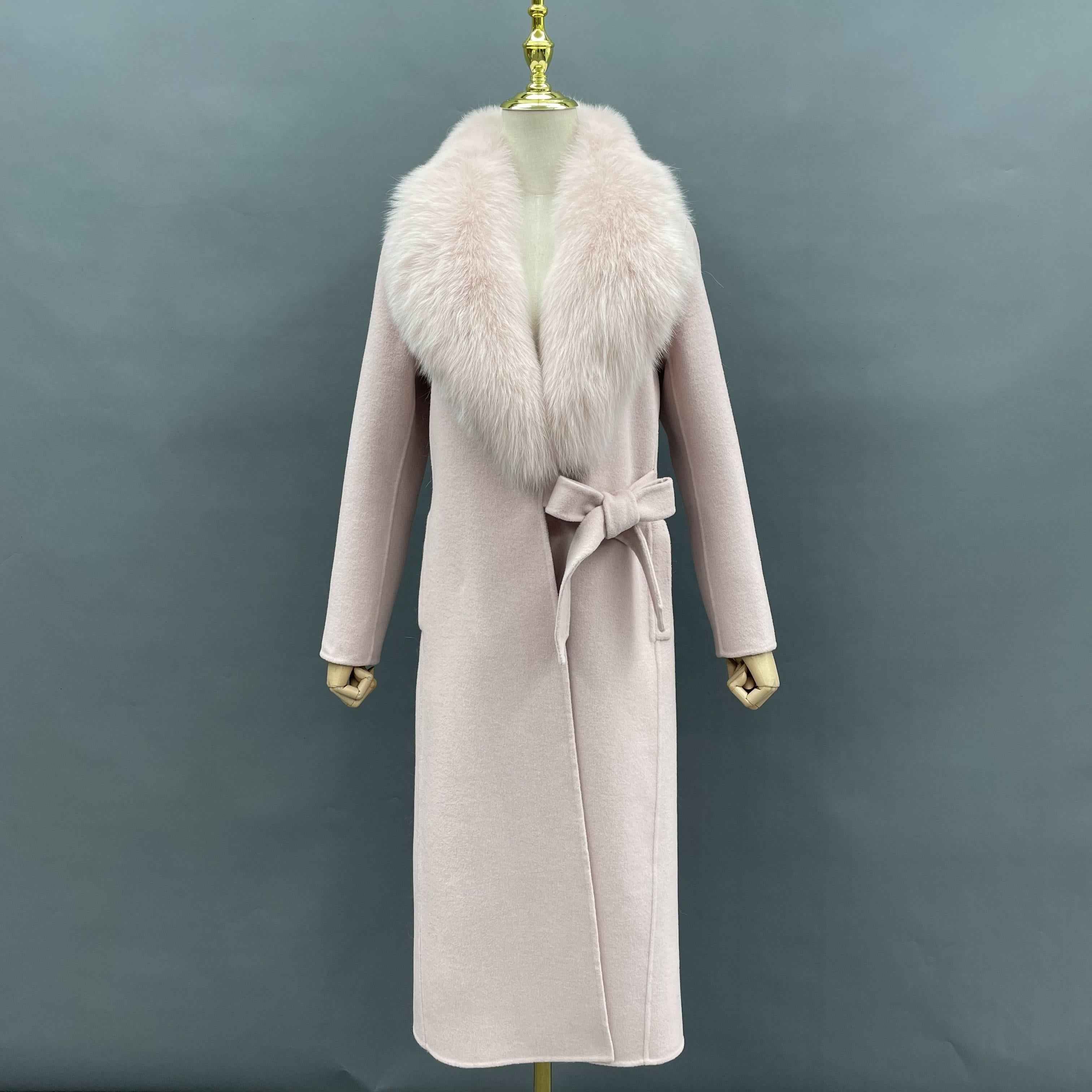 Women's Double-Faced Wool Coat with Shawl Collar, Side Tie & Waist-Defining Design - Fox Fur Trimmed Elegant Winter Outerwear Pink
