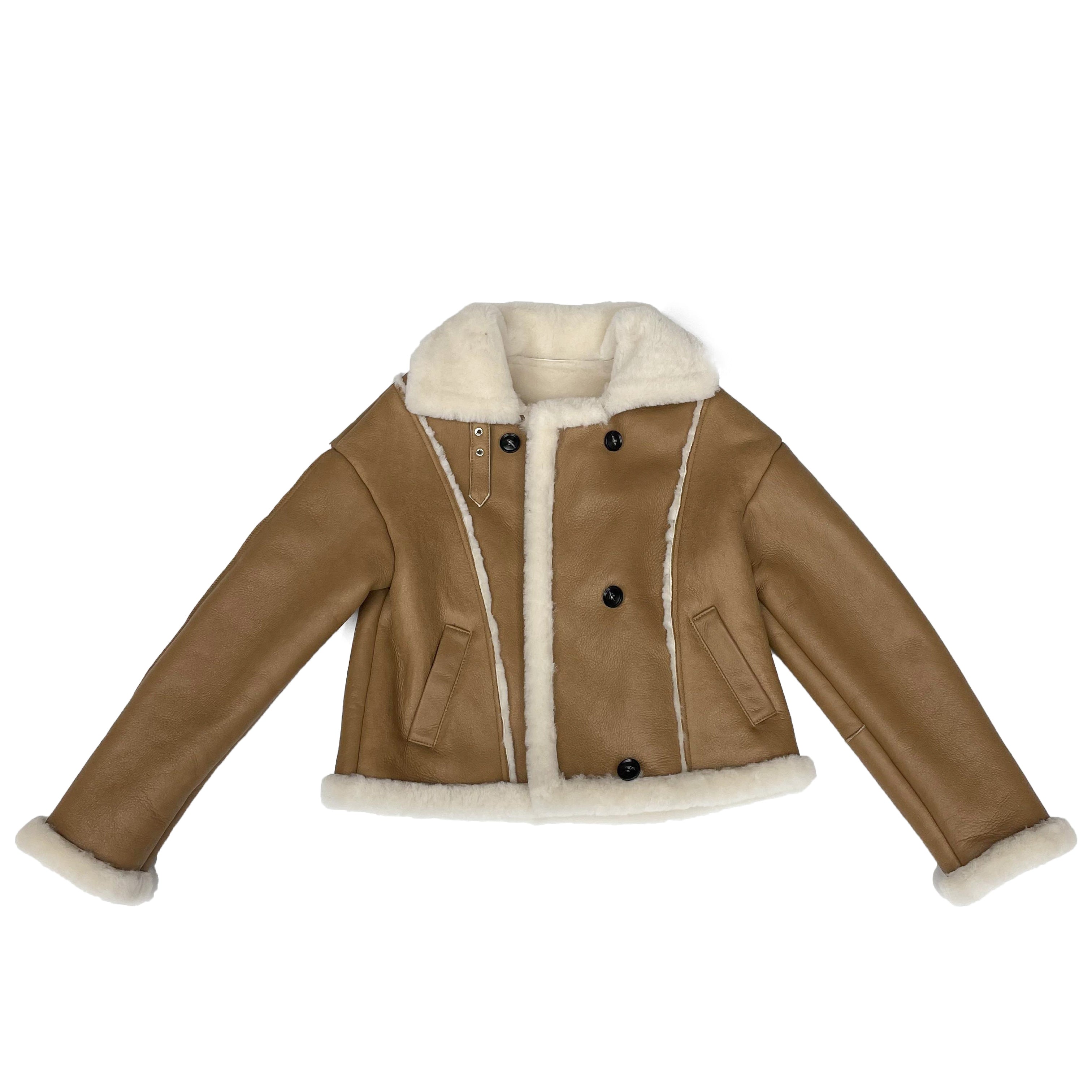 Women's Short Camel Shearling Jacket with Lamb Fur Trim, Double-Breasted Design - Warm Winter Outerwear