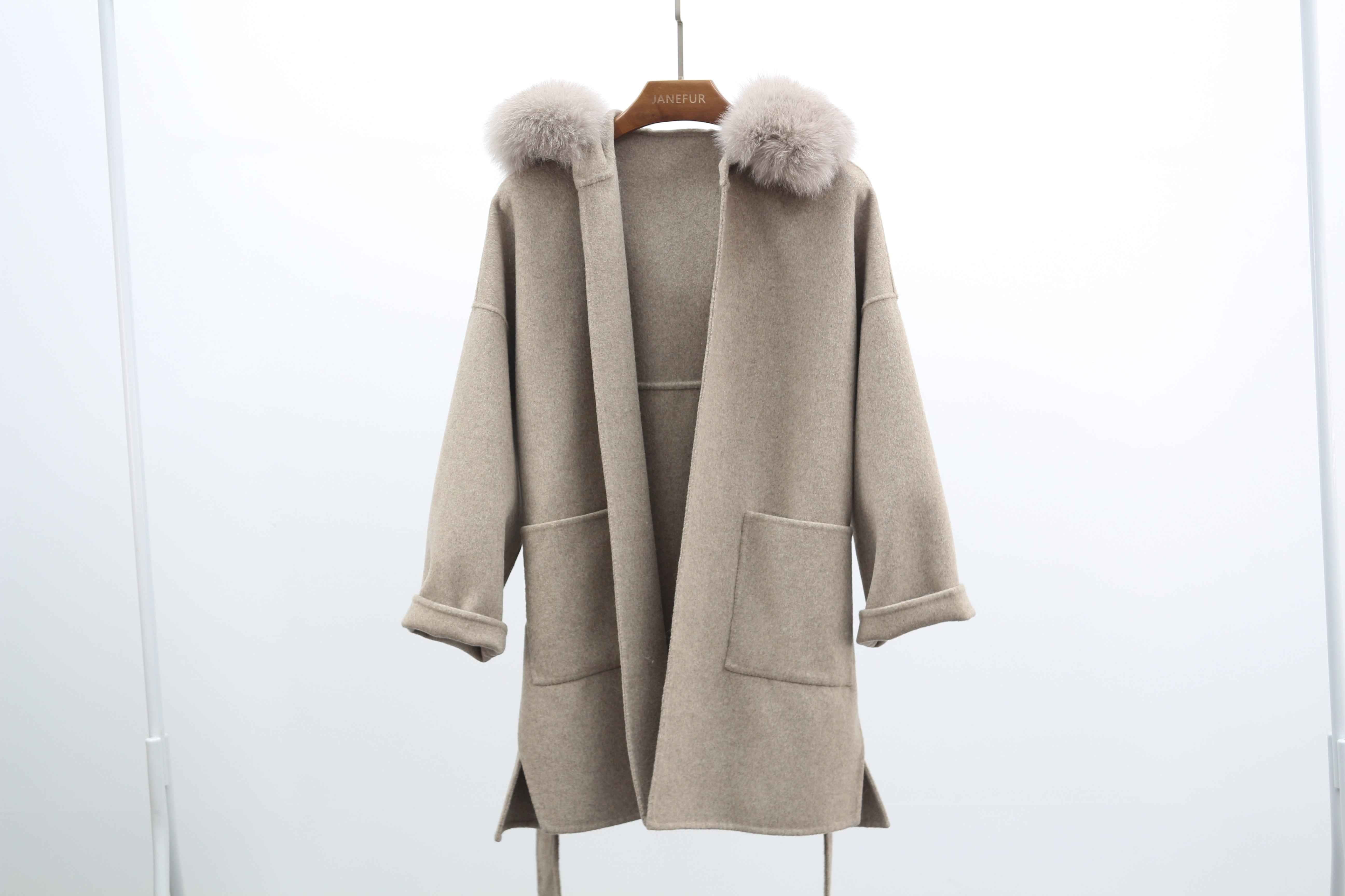 Women's Oversized Gray Wool Blend Coat with Fox Fur Hood Trim, Belted Long Winter Jacket for Casual Outfits Beige