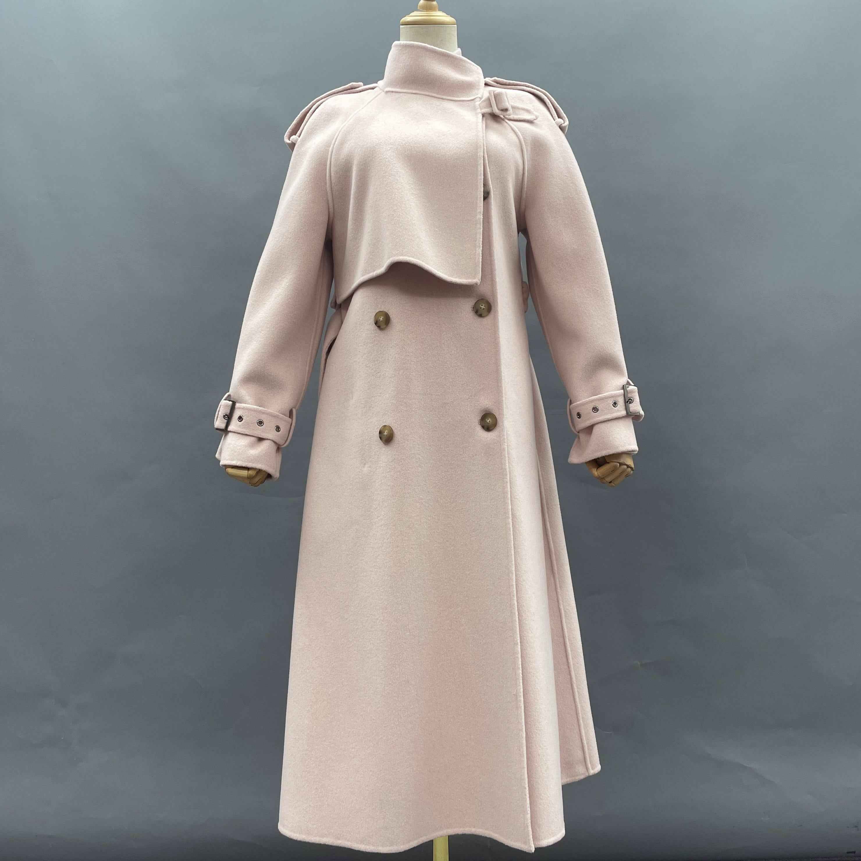 Elegant Double-Breasted Cashmere Trench Coat – Long Wool Blend Overcoat for Women Pink