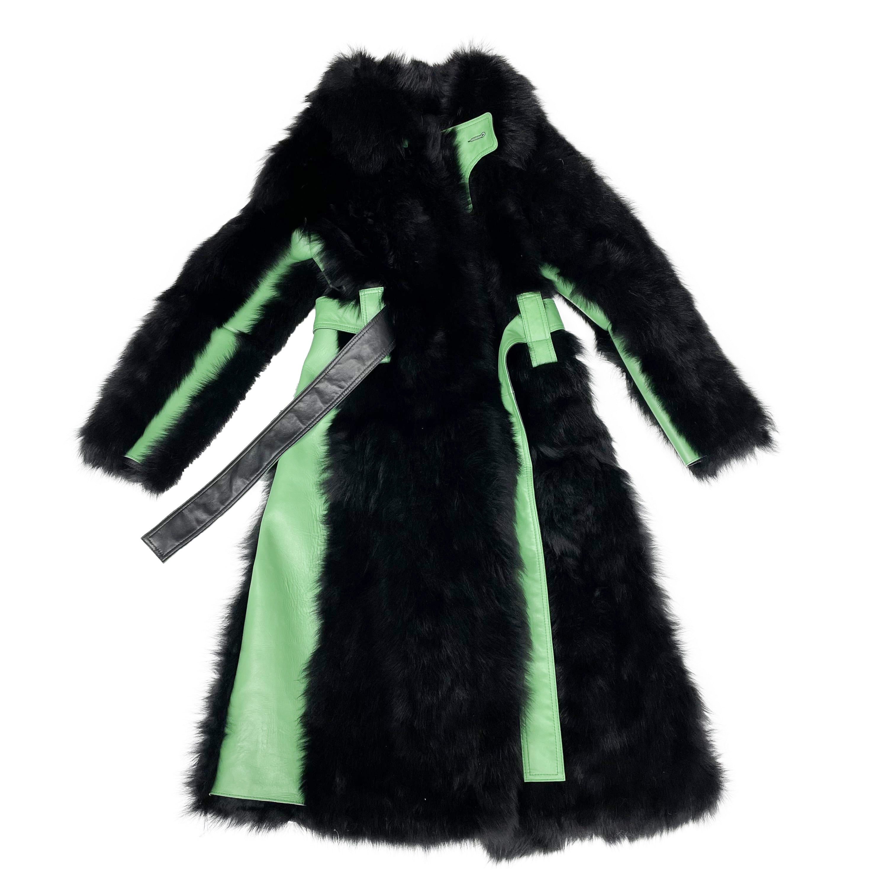 Women's Black Shearling Long Coat with Lime Green Leather Accents & Belted Waist - Luxe Winter Outerwear