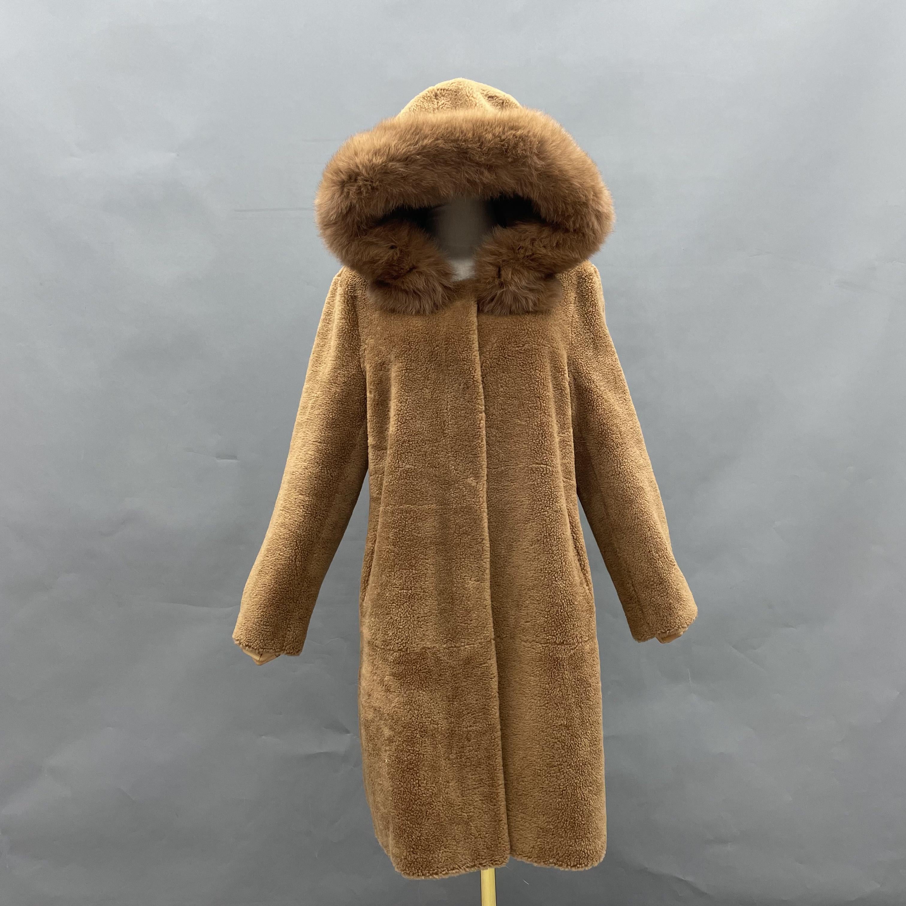 Women's Camel Shearling Long Coat with Fox Fur Trim Hood - Luxe Winter Outerwear