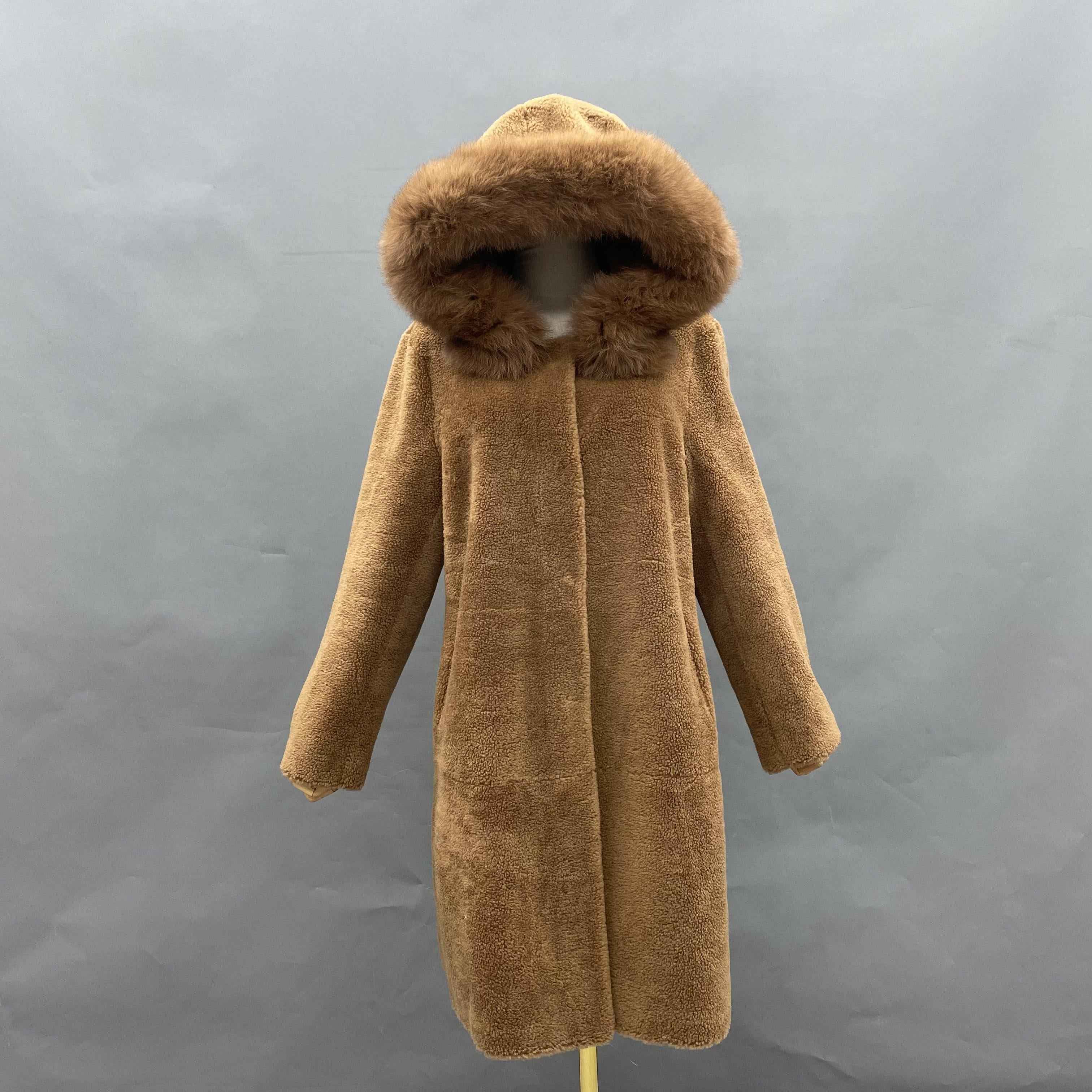 Women's Camel Shearling Long Coat with Fox Fur Trim Hood - Luxe Winter Outerwear