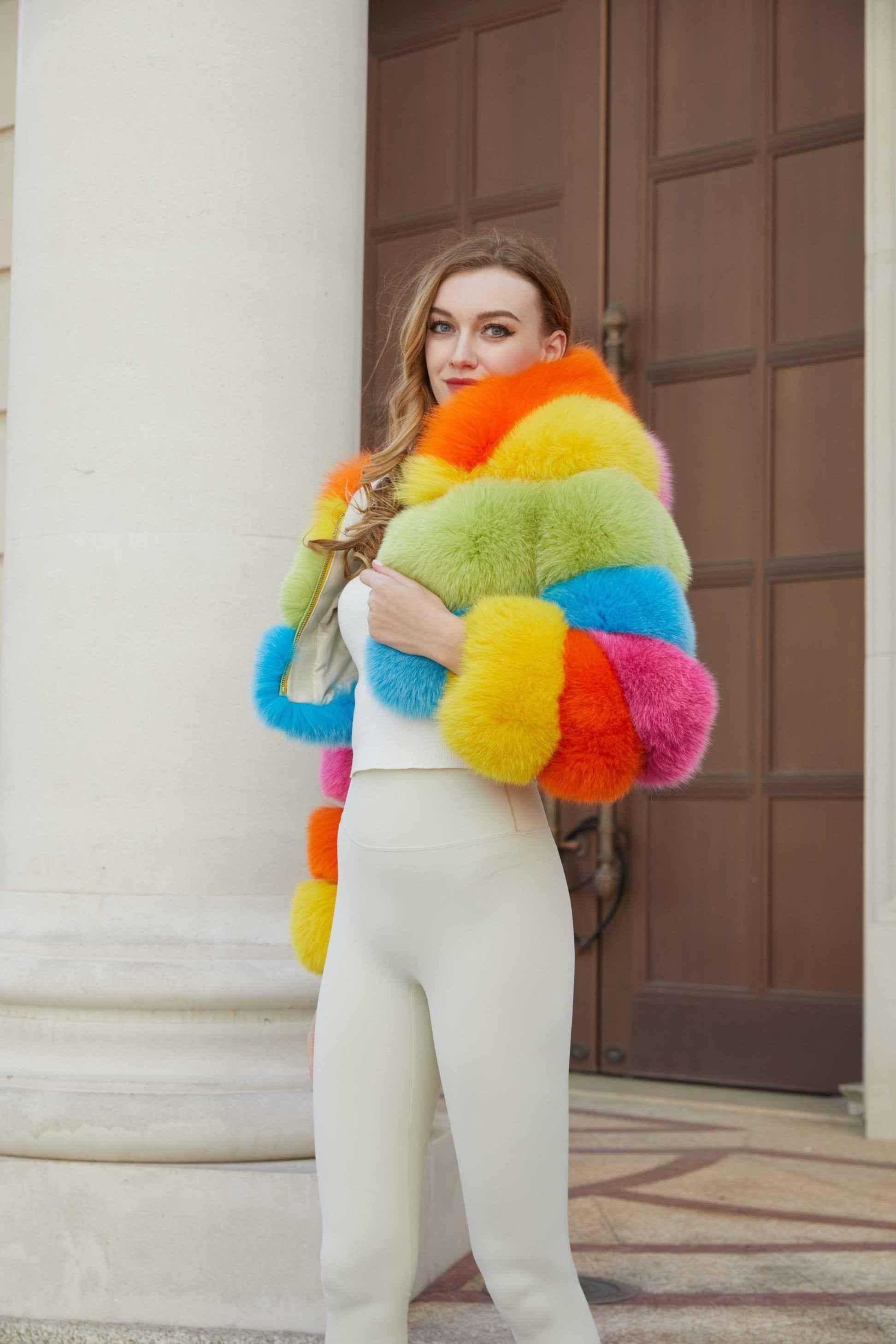 New Women's Winter Rainbow Fox Fur Hooded Coat