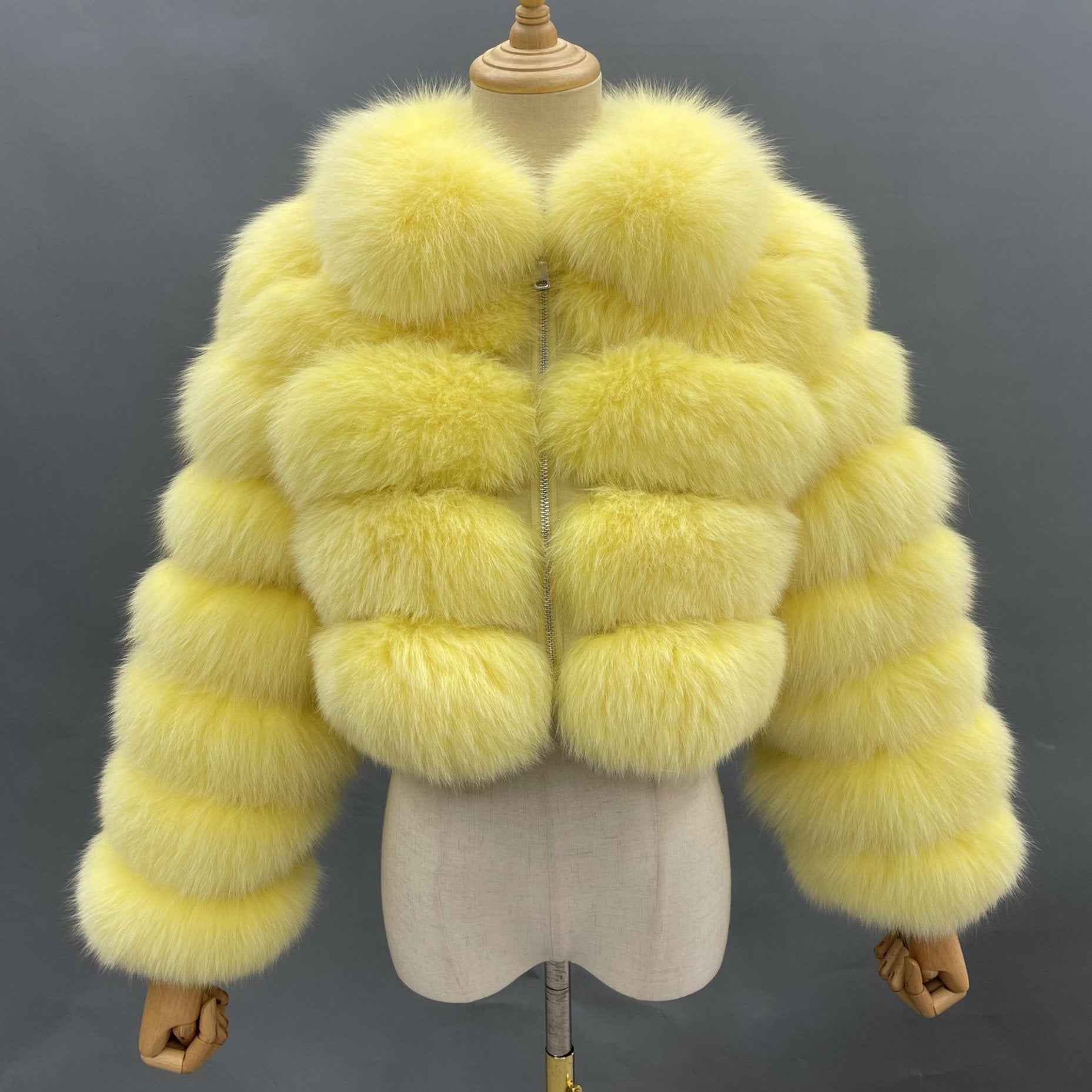 Women's Five Sections Zipper Fox Fur Coat Winter Coat Yellow S-chest 92cm