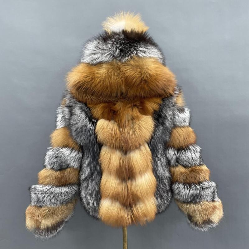 Winter Real Fox Fur Women's Fur Coat With Hat