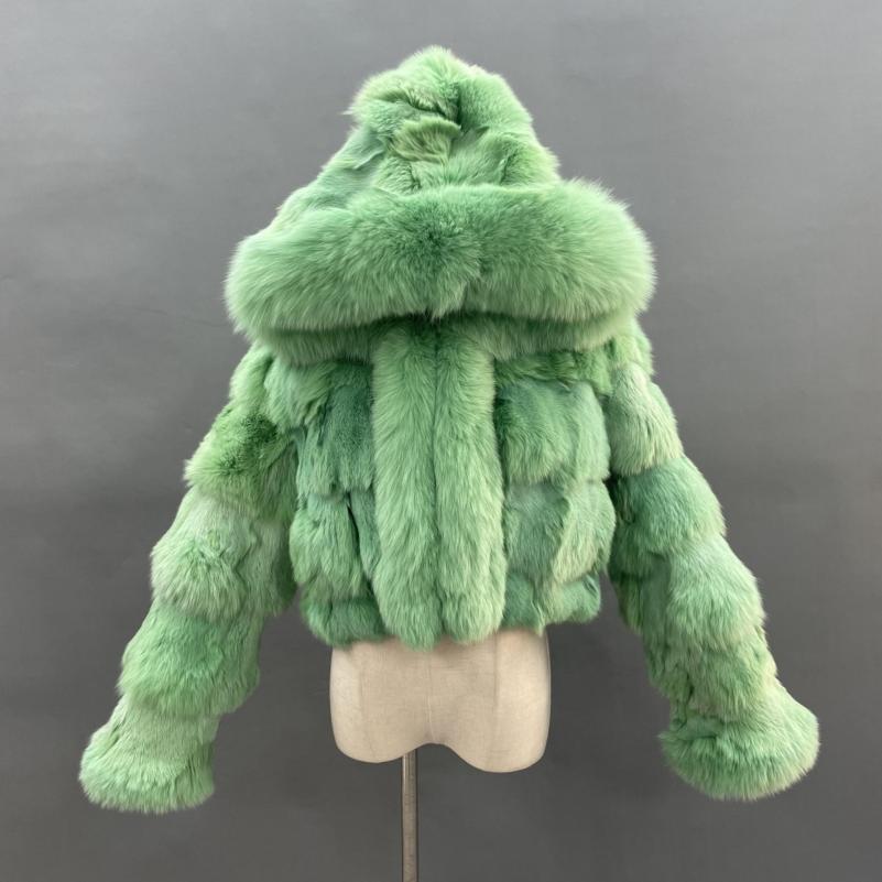 Luxury Women's Winter Short Fox Fur With Hooded Zipper Style Coat Green Click chat with us
