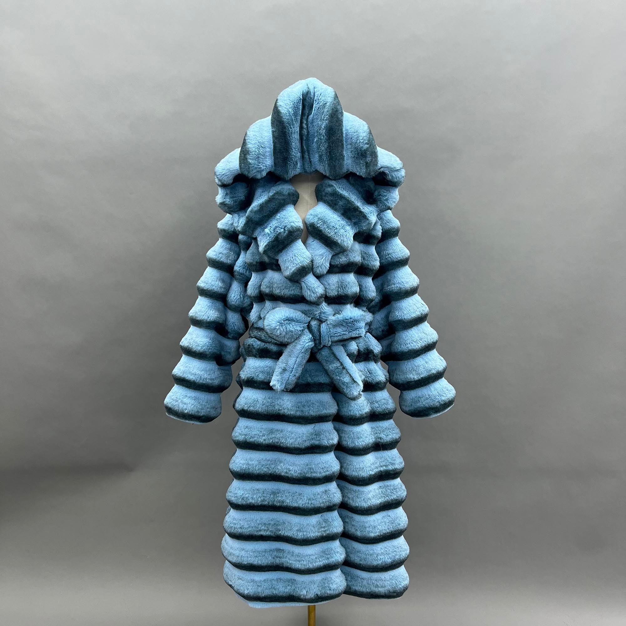 Eco Friendly Faux Fur Jacket with Hood Women's Fashionable Long Coat with Chinchilla Pattern