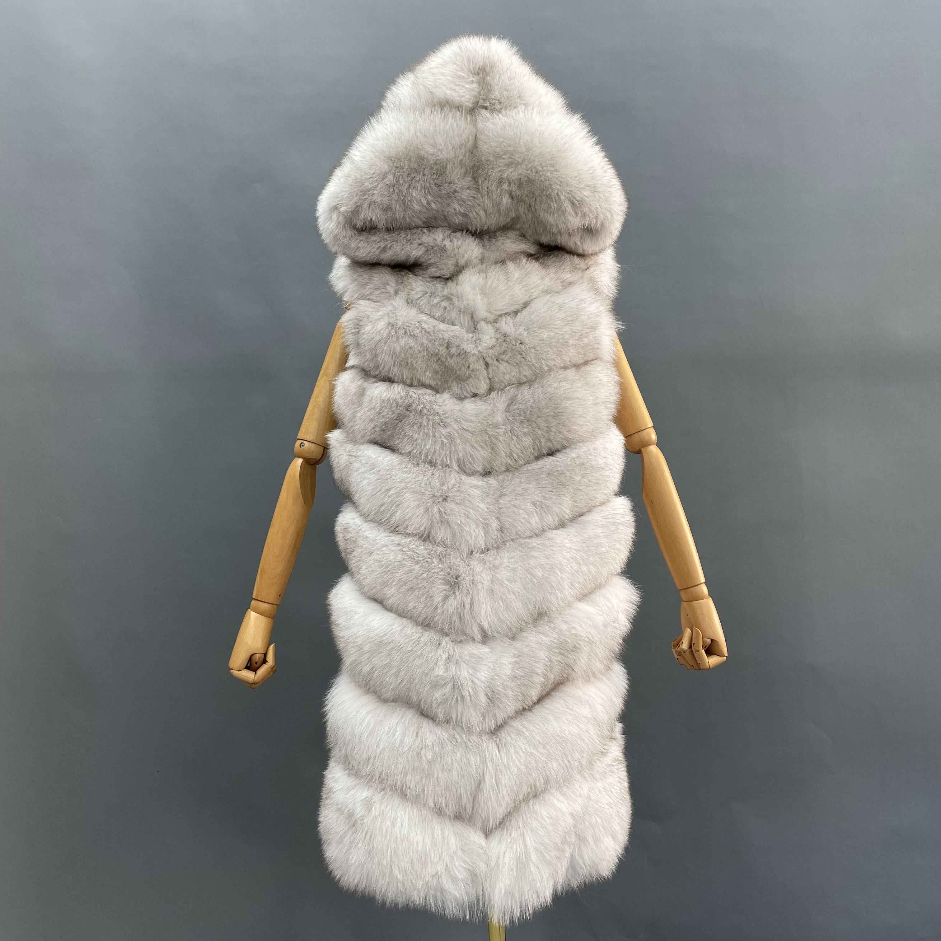 Women's 8-Panel Hooded Fox Fur Long Vest - Luxurious Outerwear Light Grey