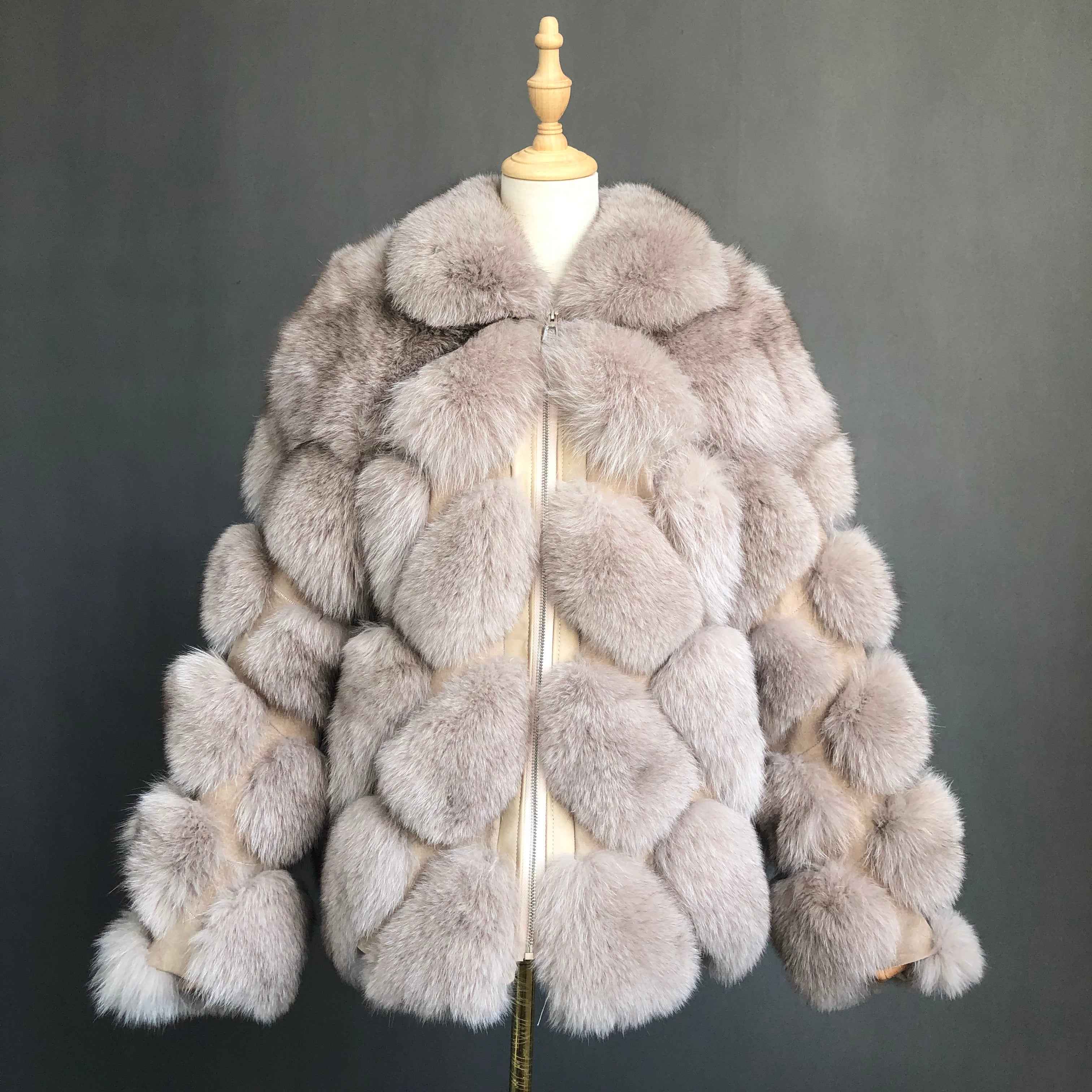 Women's Luxury Fox Fur Coat with Diamond Pattern - Winter Warm Fashion Fur Jacket Grey