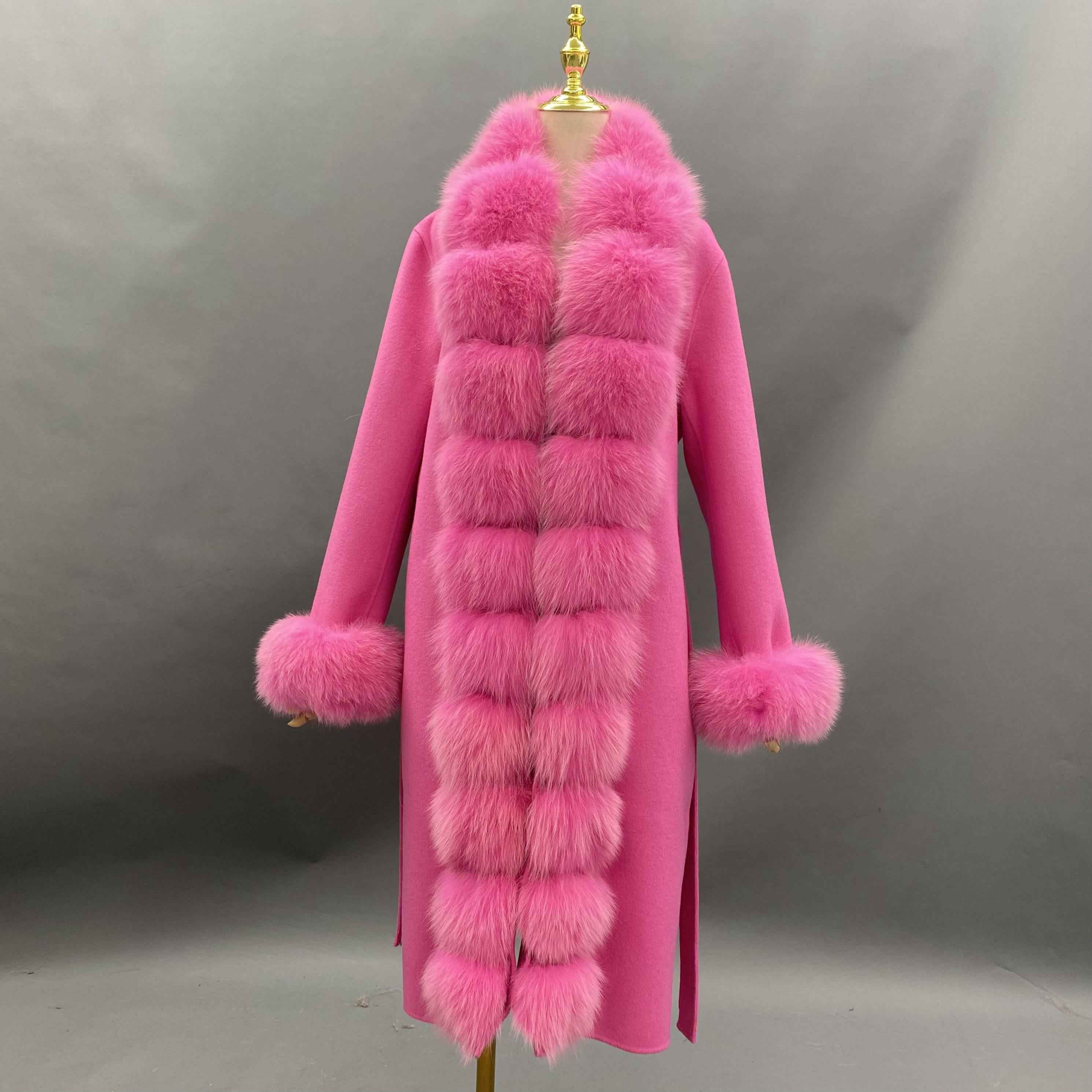 Luxury Cashmere Coat with Tiered Fox Fur Trim and Cuffed Sleeves Pink