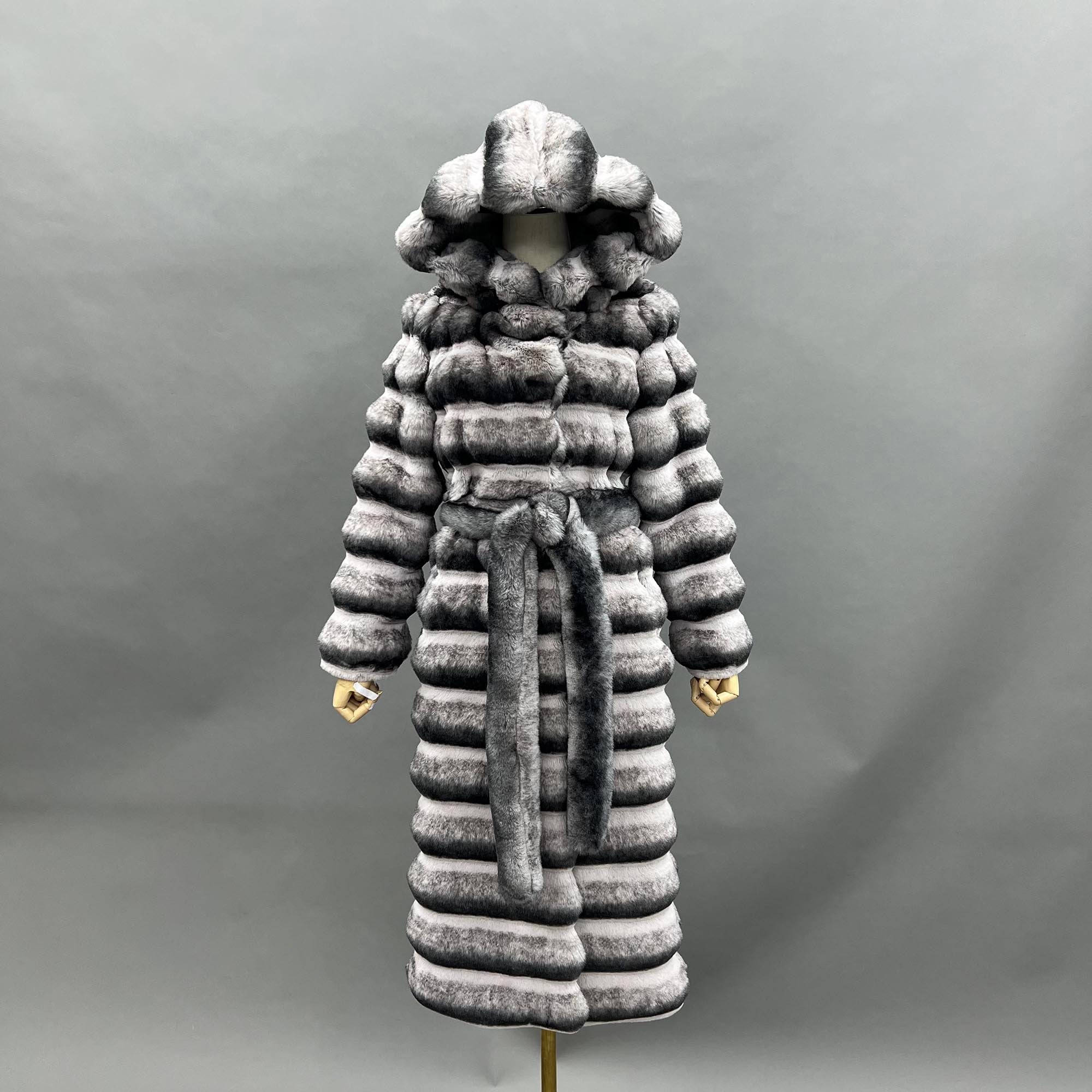 Eco Friendly Faux Fur Jacket with Hood Women's Fashionable Long Coat with Chinchilla Pattern