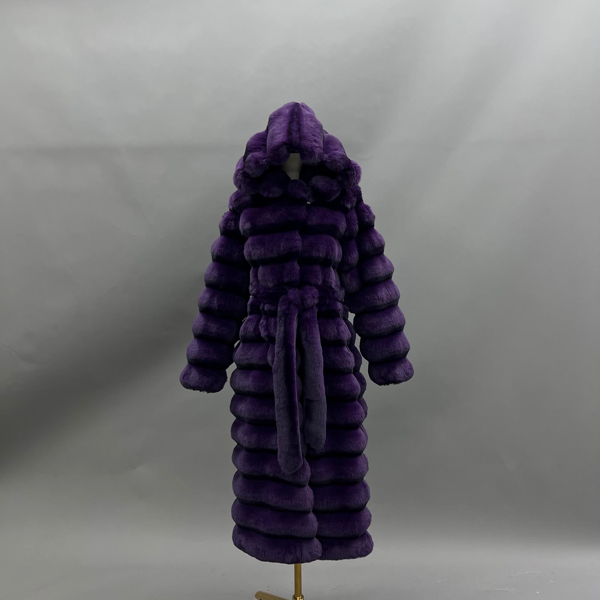 Eco Friendly Faux Fur Jacket with Hood Women's Fashionable Long Coat with Chinchilla Pattern