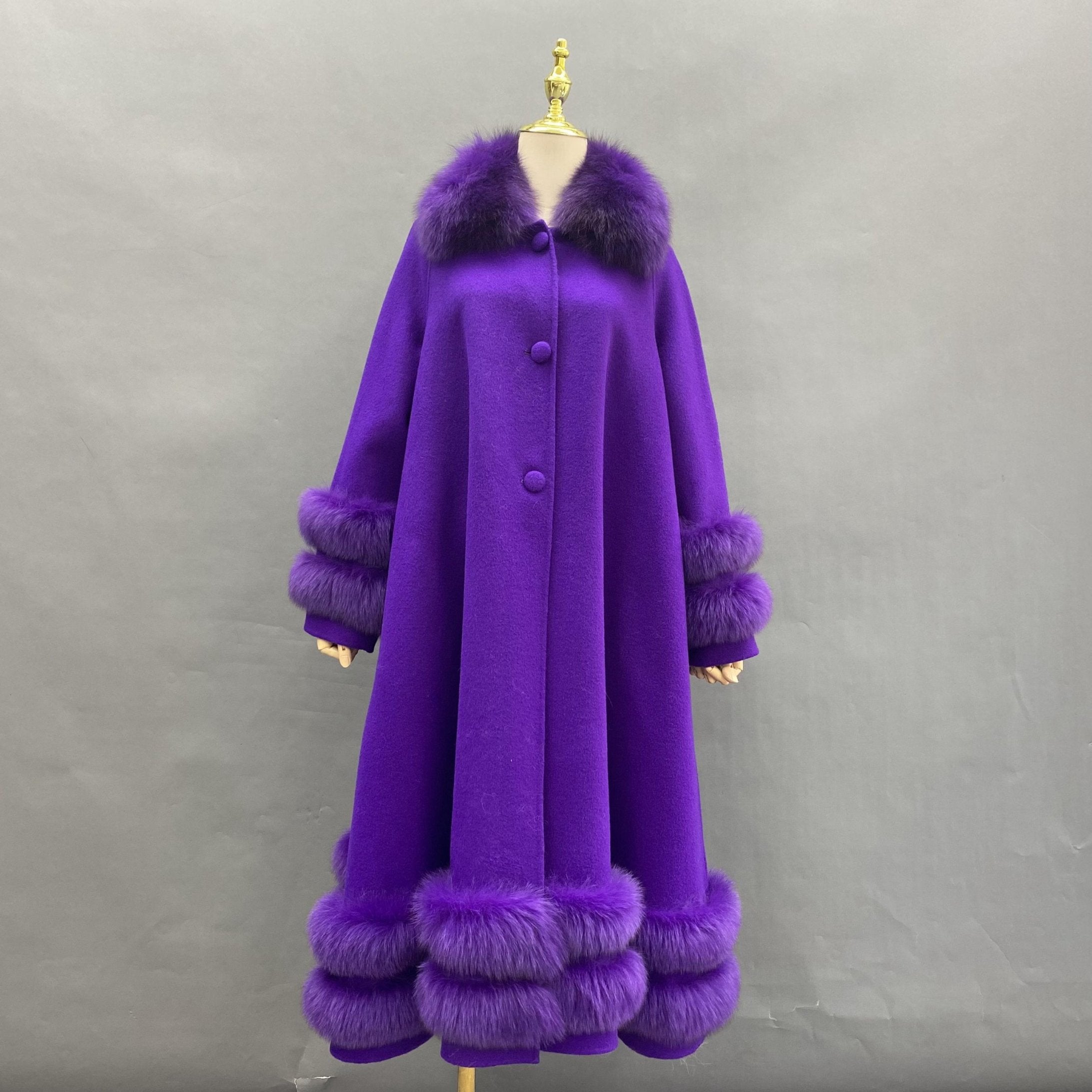 Women's Double Sided Cashmere Coat with Two Sections of Fur Collar at Hem and Cuffs Purple