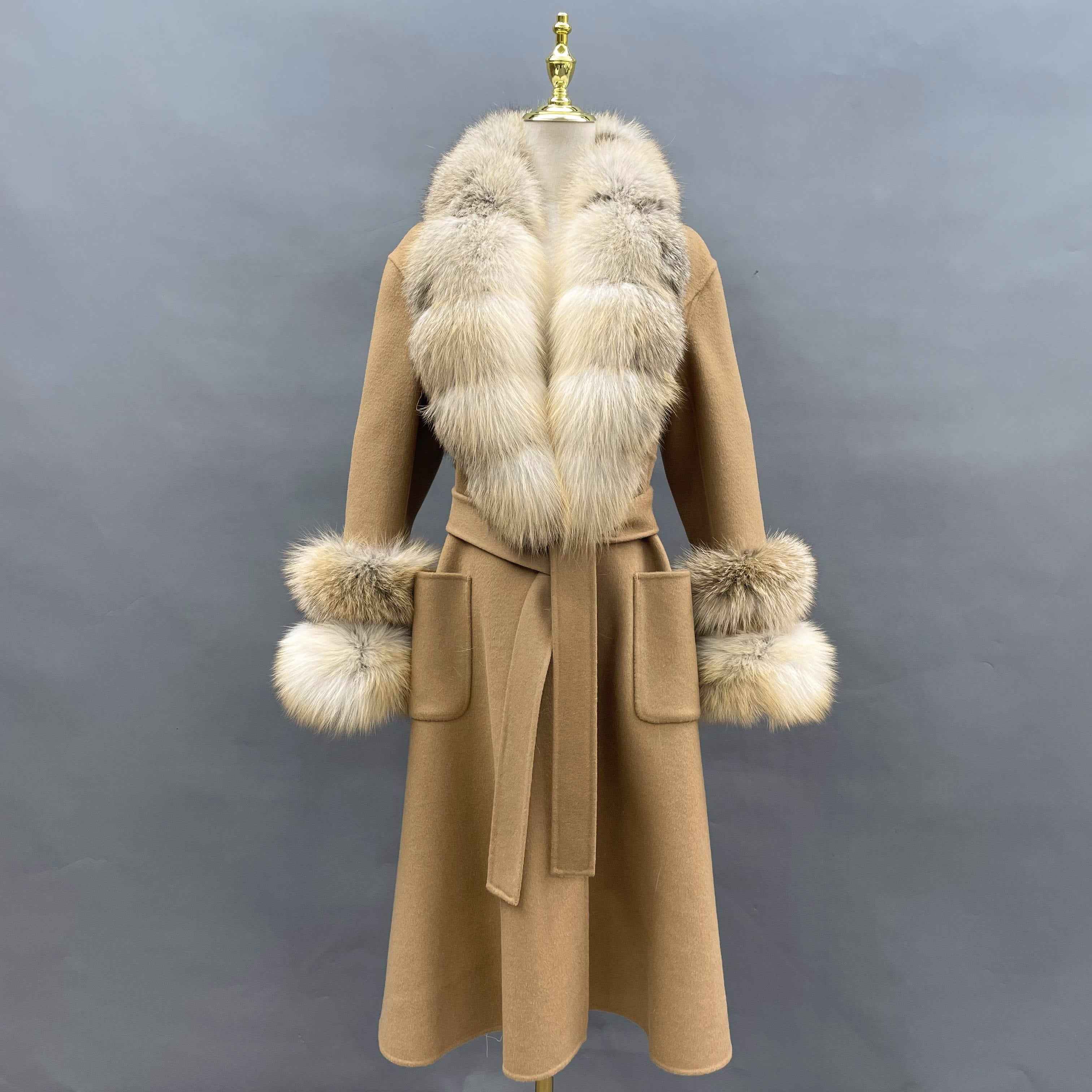 Women's Luxury Double - Faced Wool Coat with Segmented Fox Fur Collar, Two - Section Cuffs, Flared Skirt & Belt Camle