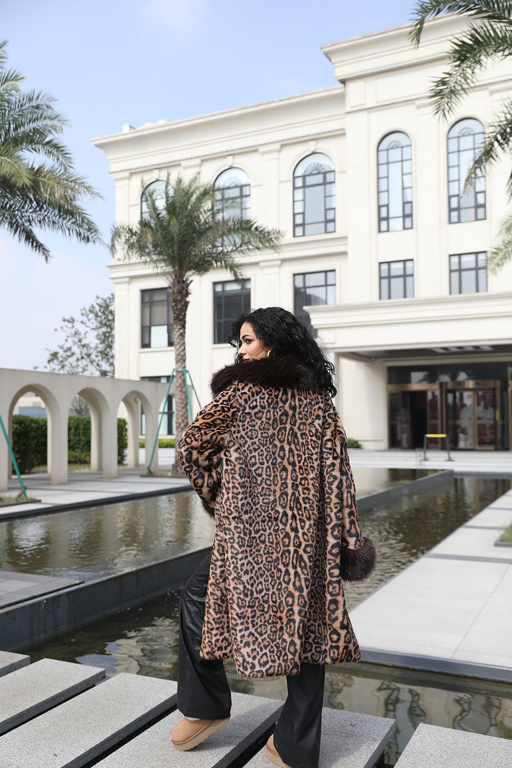 Janefur New Lapel Faux Fur Leopard Print Wild Beauty Long Faux Fur Coat