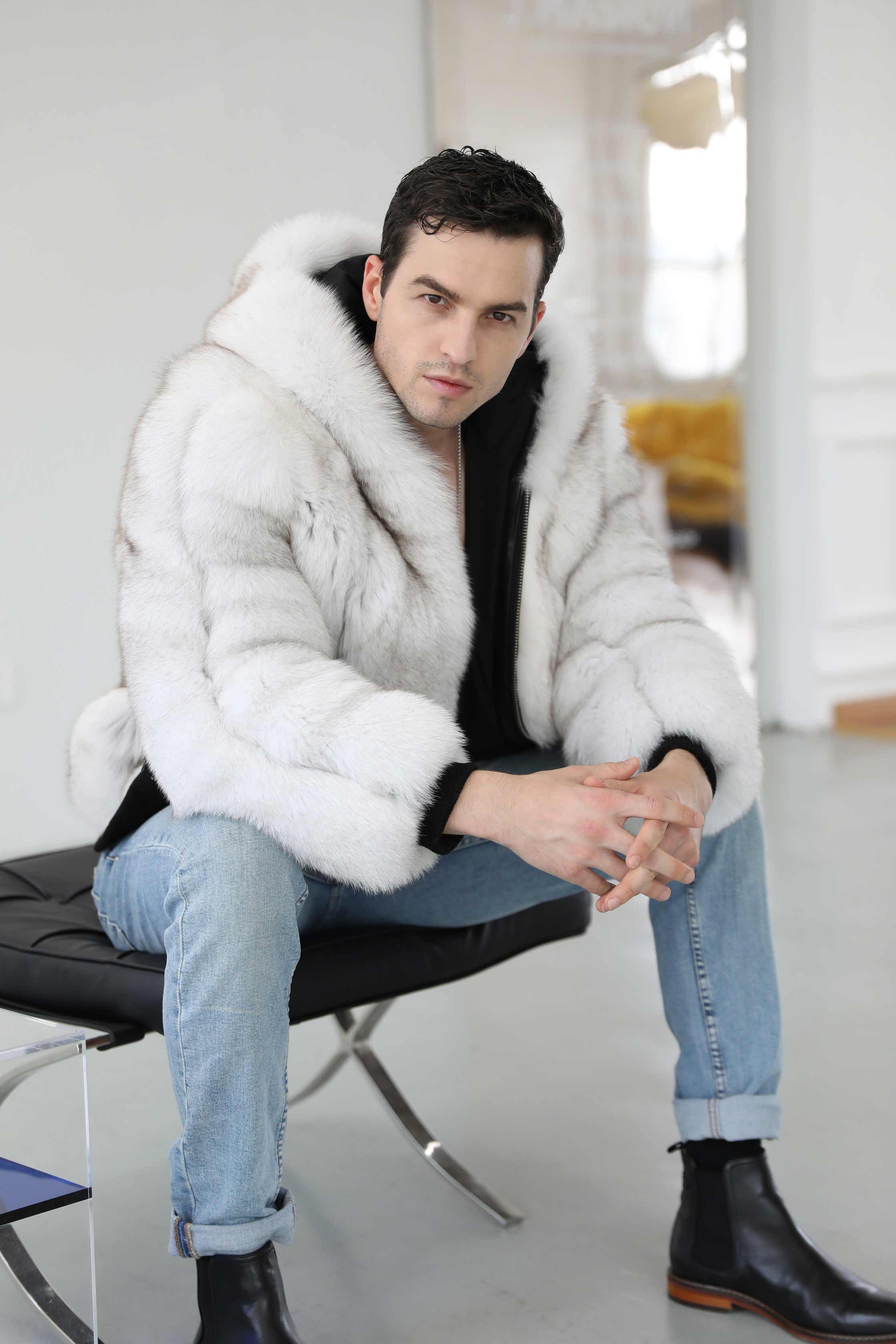 Men's Fashion Design Fox Leather Jacket Hood Casual Style Coat White
